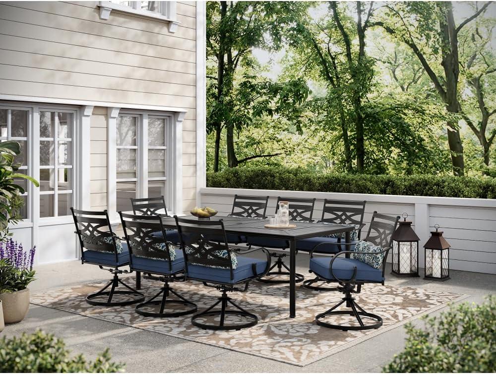 Hanover Montclair 9-Piece All-Weather Outdoor Patio Dining Set, 8 Swivel Rocker Chairs with Comfortable Seat and Lumbar Cushions, 84"x42" Stamped Rectangle Table, MCLRDN9PCSW8-NVY