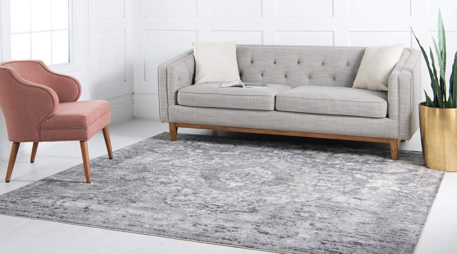 Gray Geometric Low-Pile Square Synthetic Rug