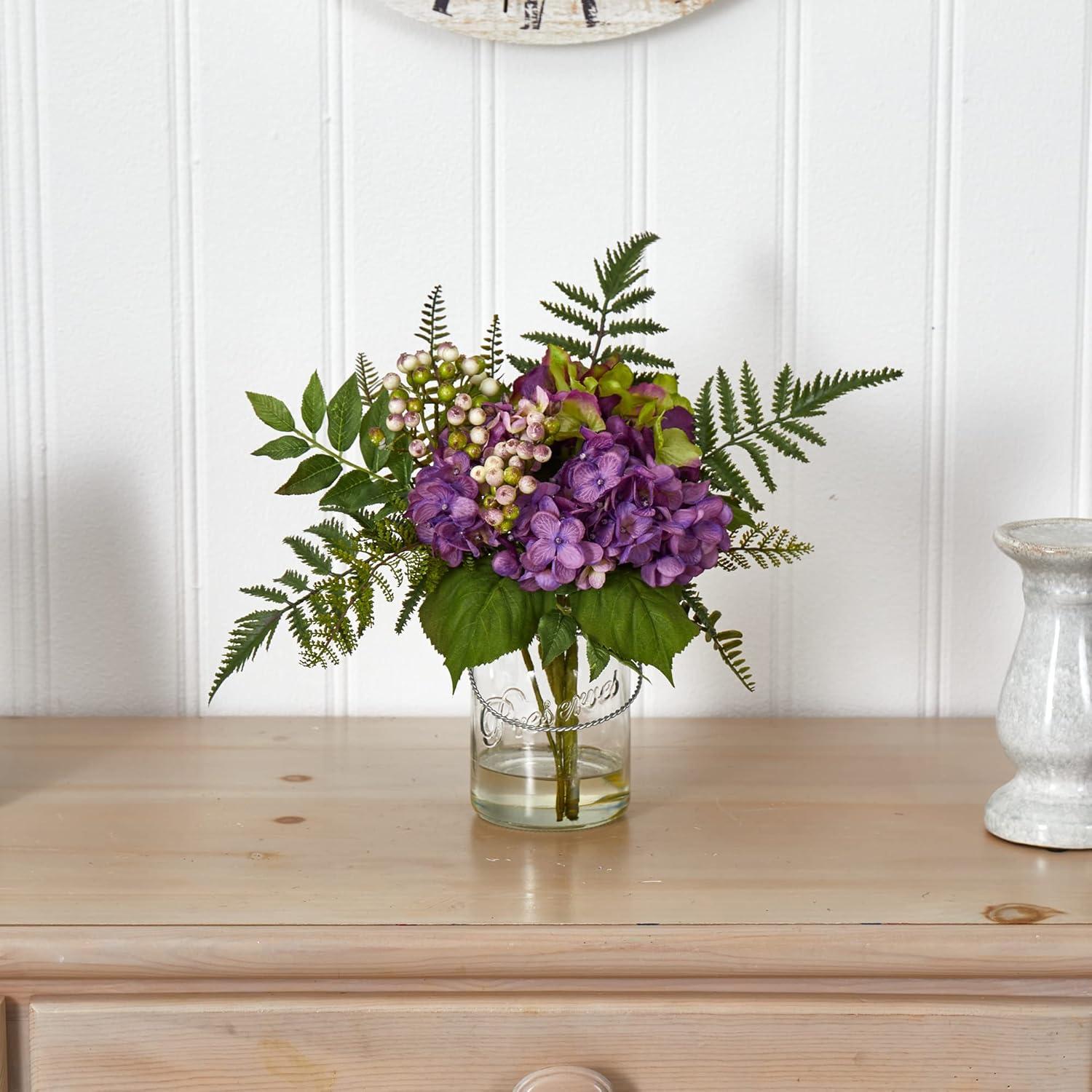 Elegant Hydrangea & Berry Silk Floral Arrangement in Glass Vase