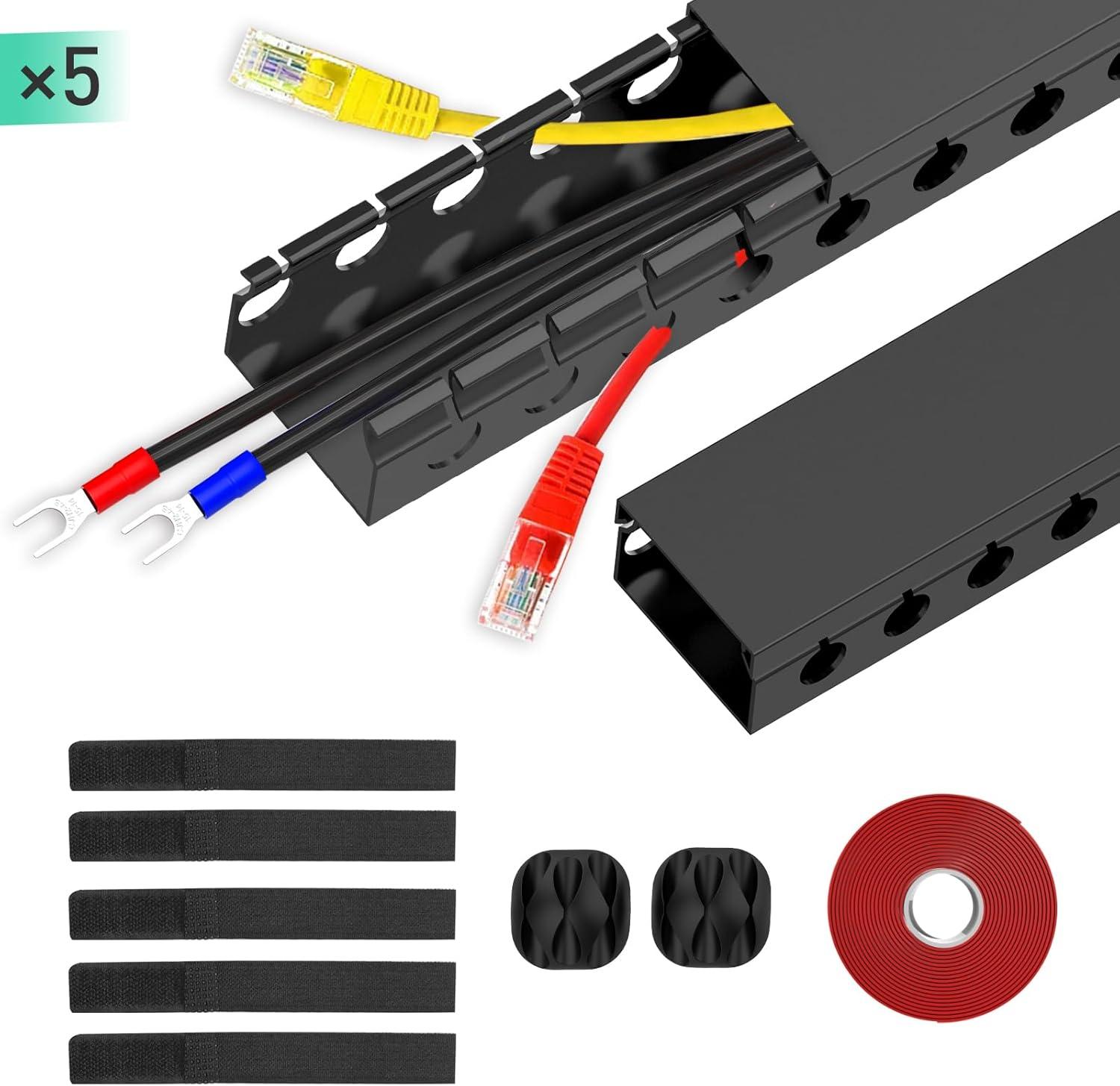 Updated Cable Raceway Kit - 77 (5x15.4) Inch Open Slot Wire Covers for Cords, Under Desk Cable Management System to Hide Under Desk/Tv/Computer/Net/Power Cords, (Pack 5)