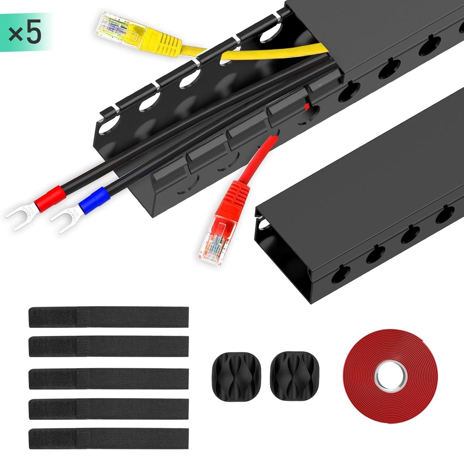Updated Cable Raceway Kit - 77 (5x15.4) Inch Open Slot Wire Covers for Cords, Under Desk Cable Management System to Hide Under Desk/Tv/Computer/Net/Power Cords, (Pack 5)