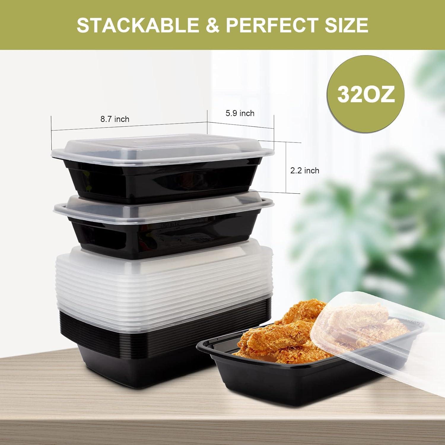 Diska NuLife 32oz Rectangular Food Container 50 Set | Black PP Polypropylene Containers With Lids For Storage | Microwave & Freezer Safe | Eco-Friendly, BPA-Free