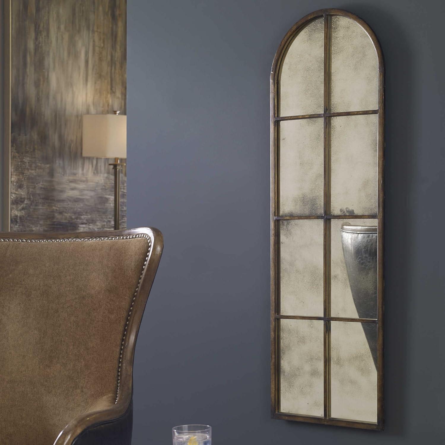 Maple Brown Arched Windowpane Wall Mirror with Antique Glass