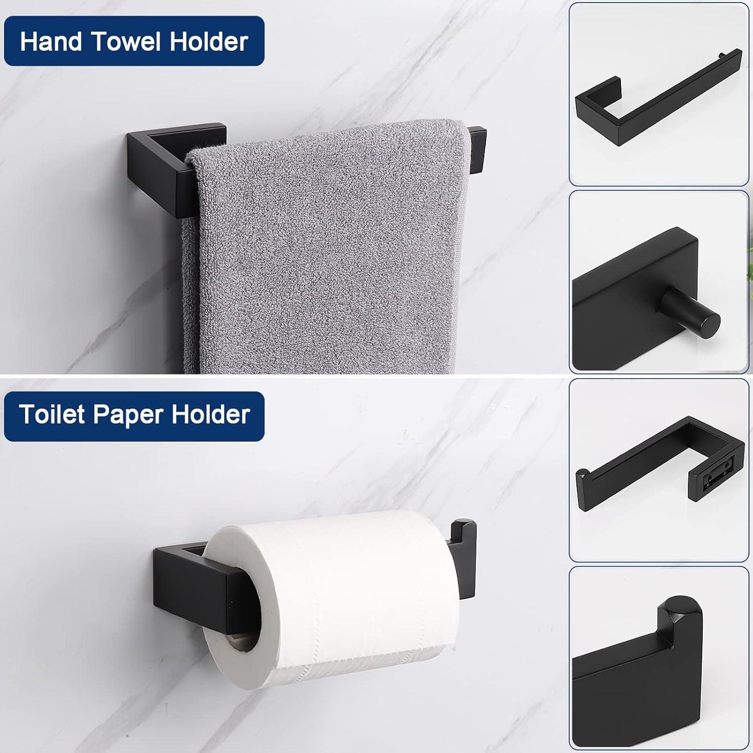 Bathroom Hardware Accessories Set, Matte Black 4-Piece Bathroom Hardware Set including Towel Bar,Towel Holder, Toilet Paper Holder, Towel Hook,Stainless Steel Bath Towel Bar Set