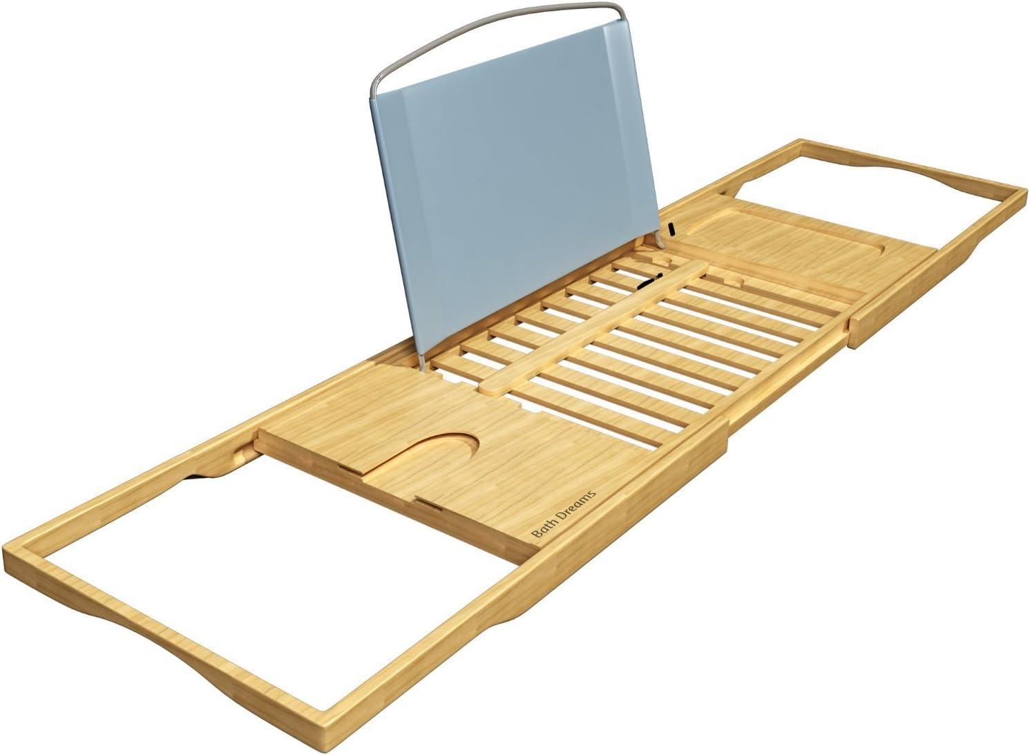 Natural Bamboo Adjustable Bathtub Caddy Tray with Book Holder