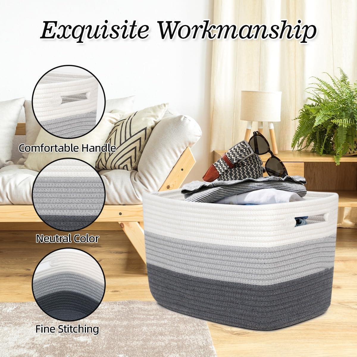 KOUROUU 3 Pack Cotton Rope Storage Basket Woven Shelf Storage Bin with Faux Leather Handles, Decorative Closet Shelf Woven Basket for Storage Organizers, 15 x 10 x 9, White/Gray