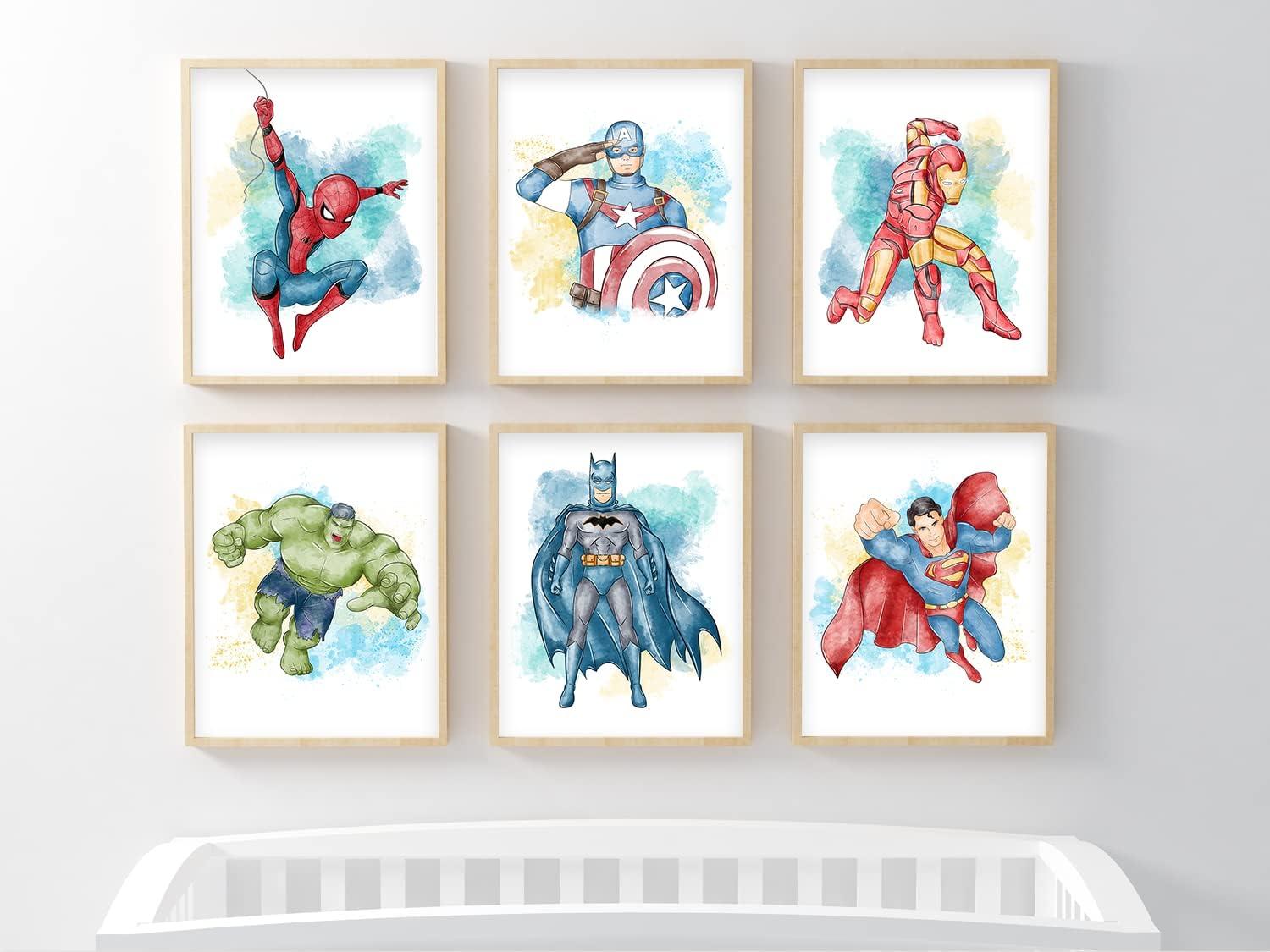 Nistio® Superhero Wall Decor, Superhero Wall Art for Boys Bedroom, Avengers Prints, Set of 6 Prints, Iron Man, Spiderman, Captain America, Hulk, Batman, Superman, Unframed, 8x10"