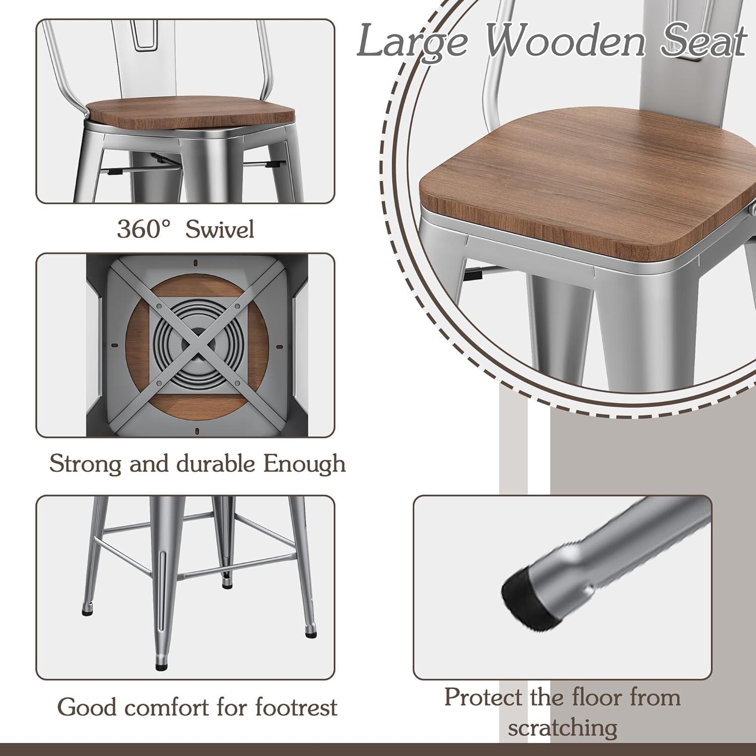 Andeworld Metal Bar Stools Set of 4 Counter Height Stools with Backs Counter Stools High Back Bar Chairs 30 Inch Silver