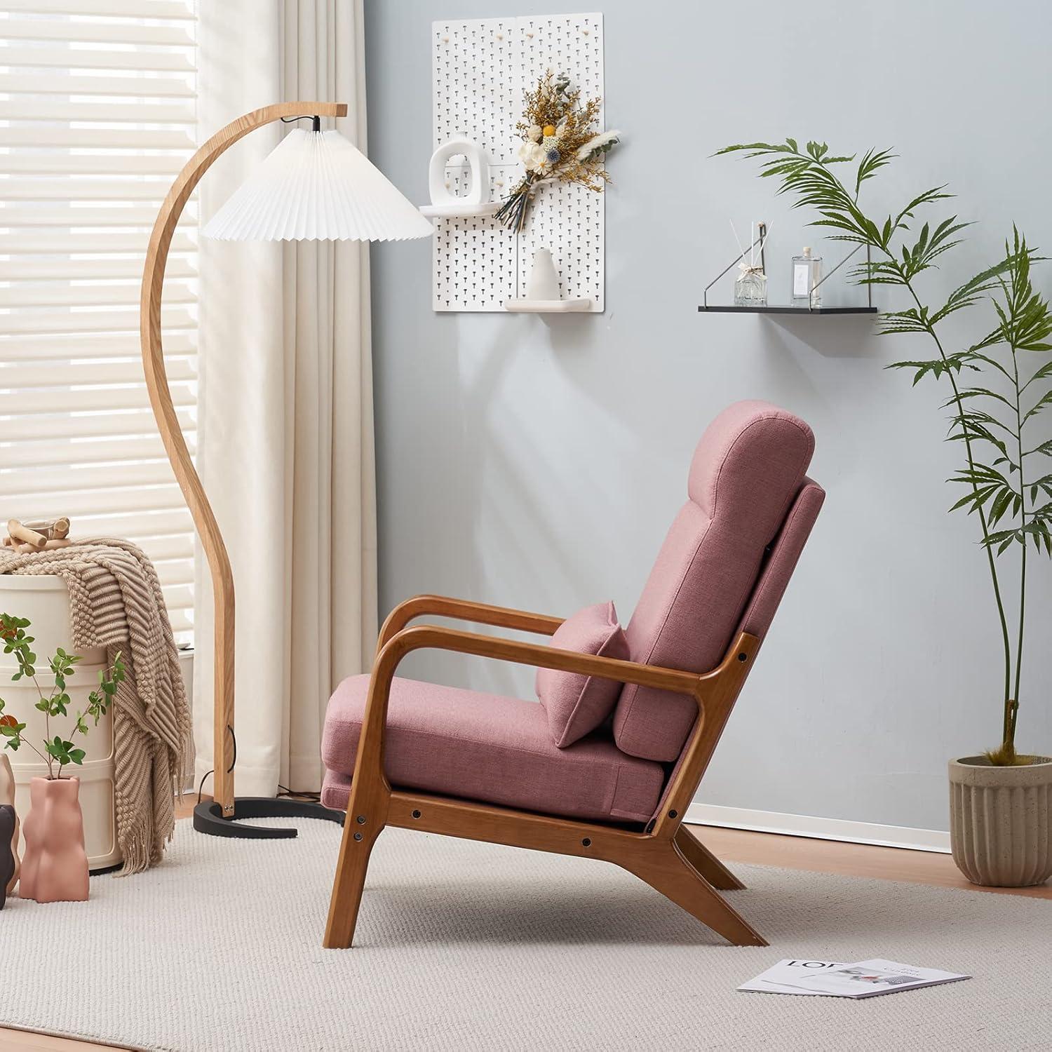Accent Chair Mid-Century Modern Chair with High Back, Upholstered Lounge Arm Chair with Wood Frame and Soft Cushion for Living Room Bedroom Reading Balcony, Pink