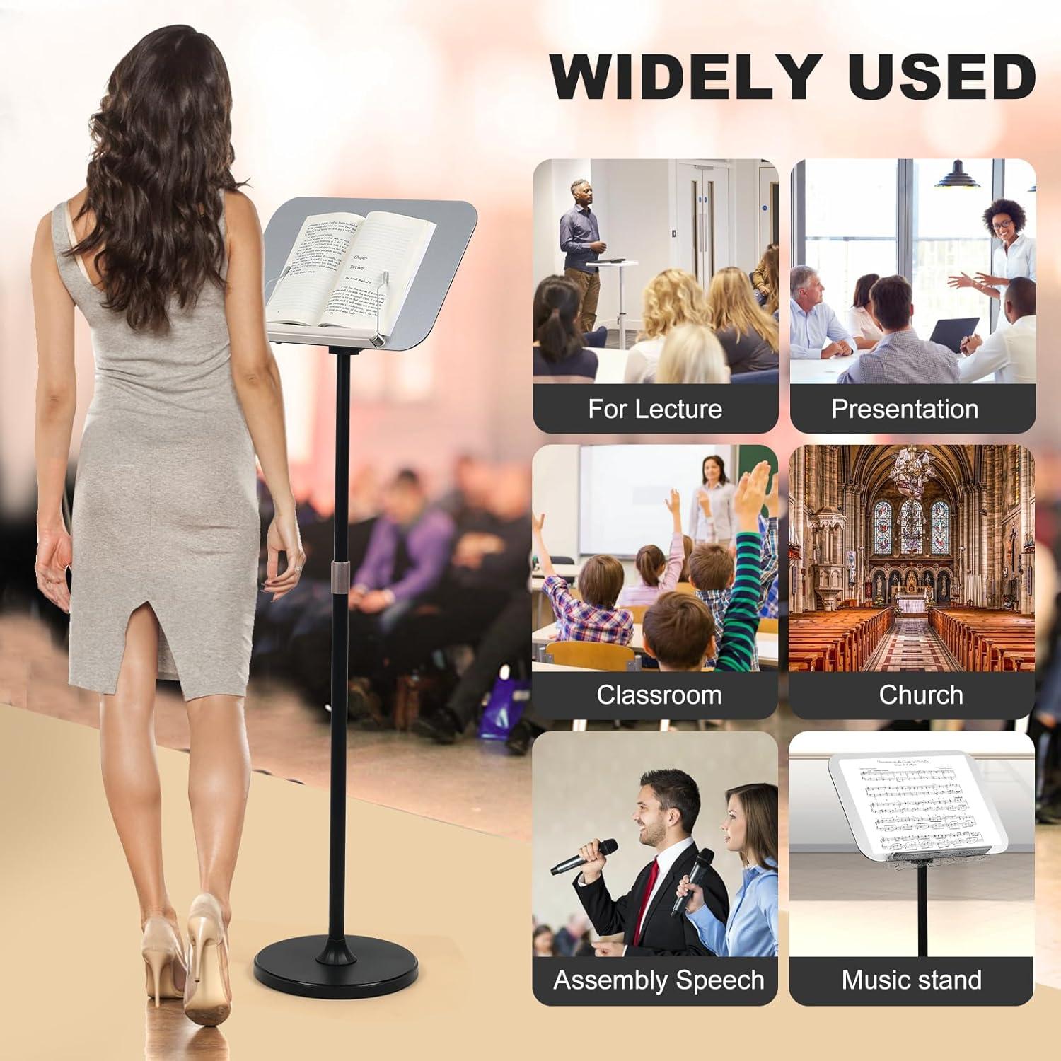 Portable Floor Lectern Podium Stand for Speech, Presentation, with Black Stand, Gray Board and Adjustable Height for Laptop, Book or Sheet Music