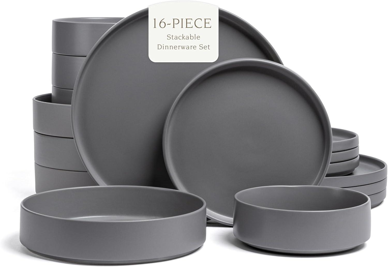 over&back Stackable 16-Piece Semi Hand-Finished Stoneware Dinnerware Set