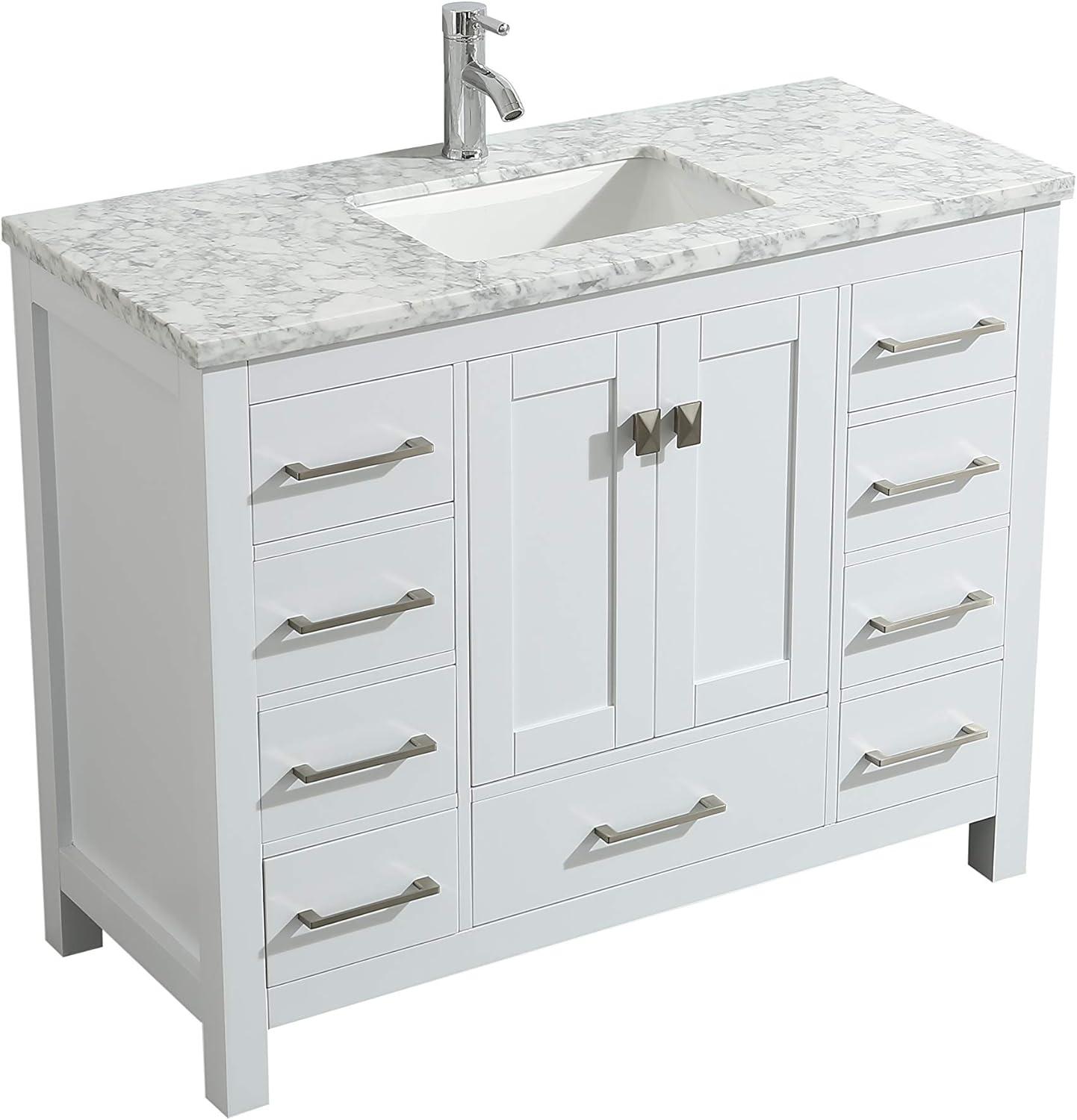 Eviva London 42"W x 18"D White Bathroom Vanity with White Carrara Quartz Countertop and Undermount Porcelain Sink