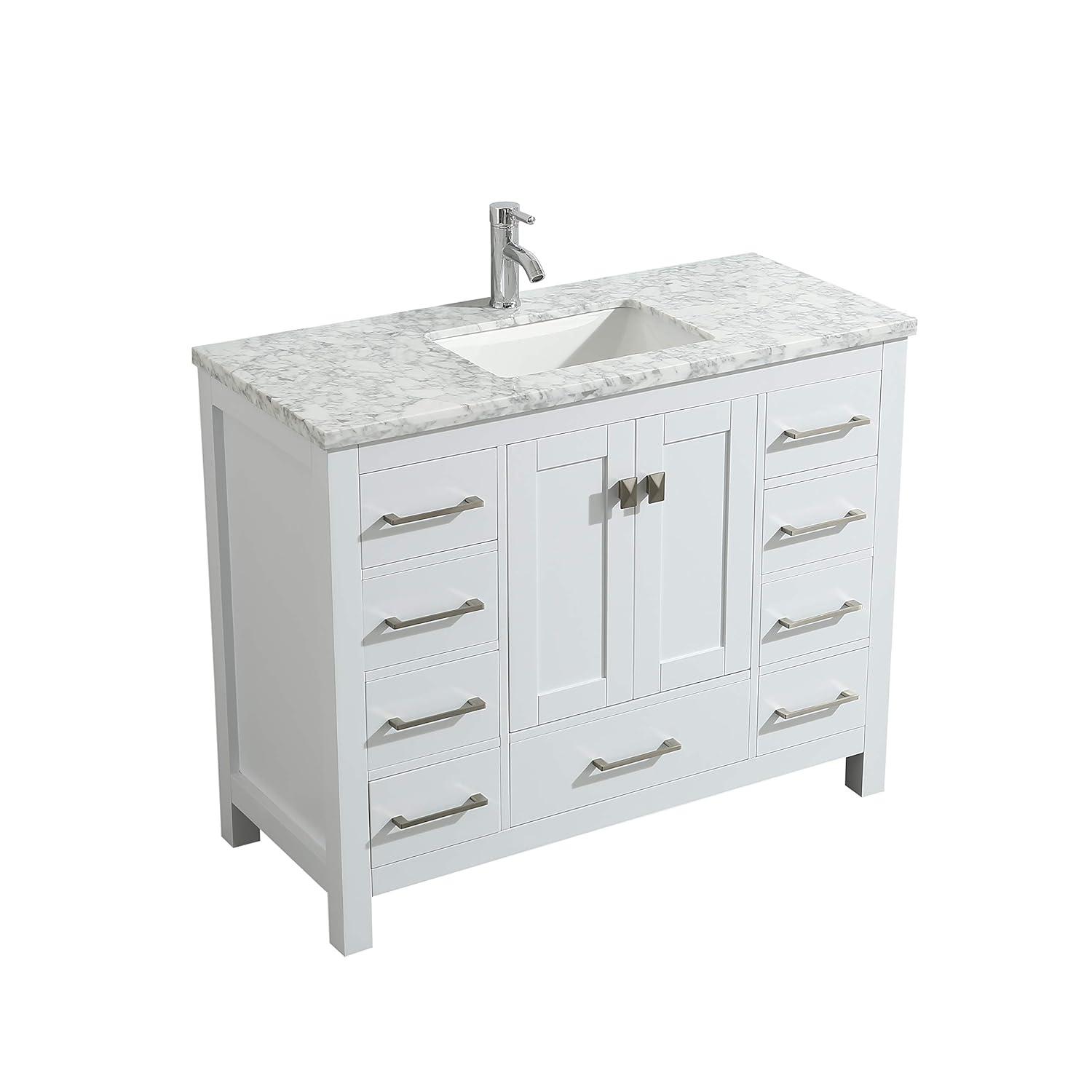 Eviva London 42"W x 18"D White Bathroom Vanity with White Carrara Quartz Countertop and Undermount Porcelain Sink
