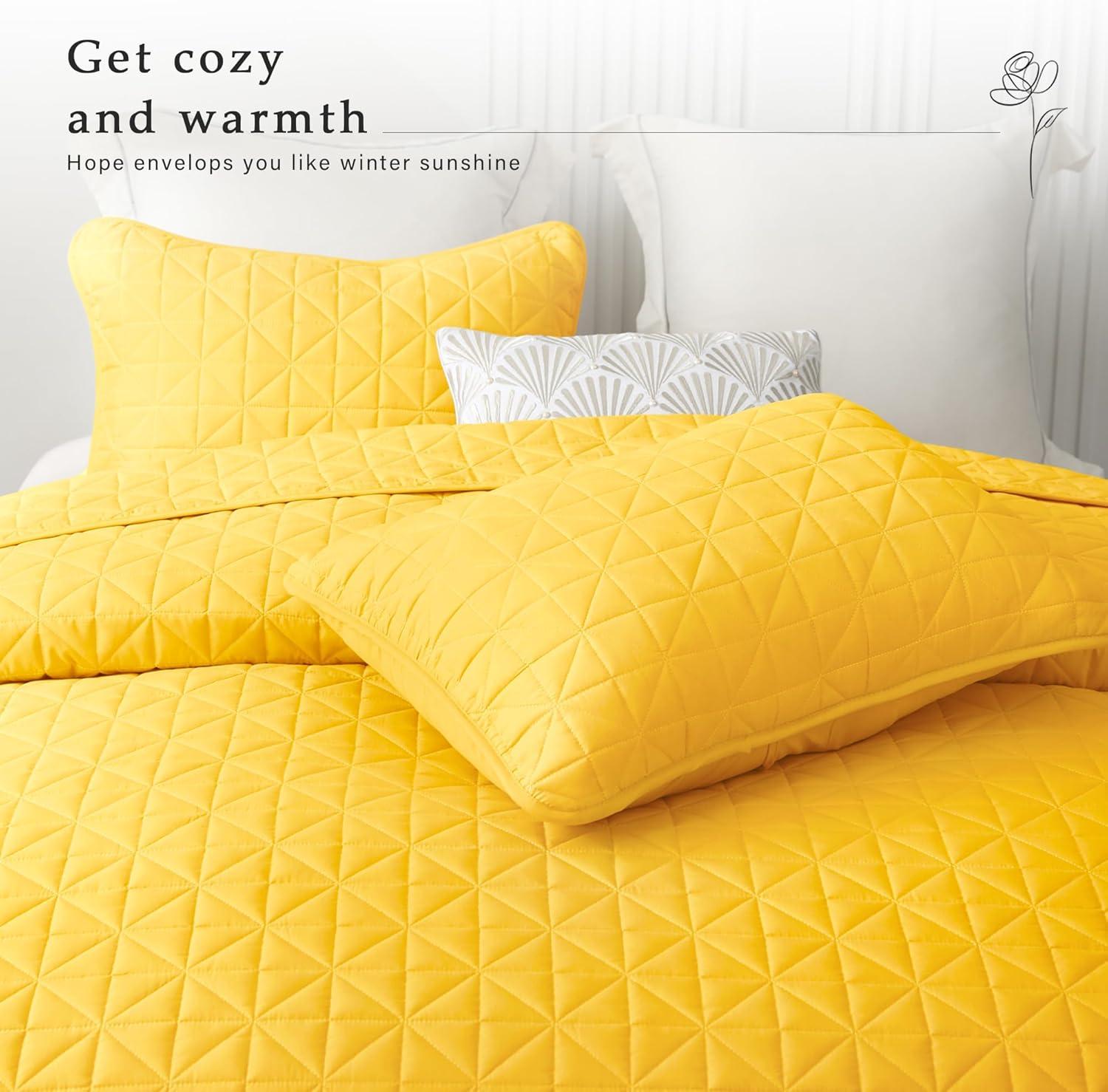 Exclusivo Mezcla Bed Quilt Set Queen Size for All Seasons, Stitched Pattern Quilted Bedspread/ Bedding Set/ Coverlet with 2 Pillow shams, Lightweight and Soft, Yellow