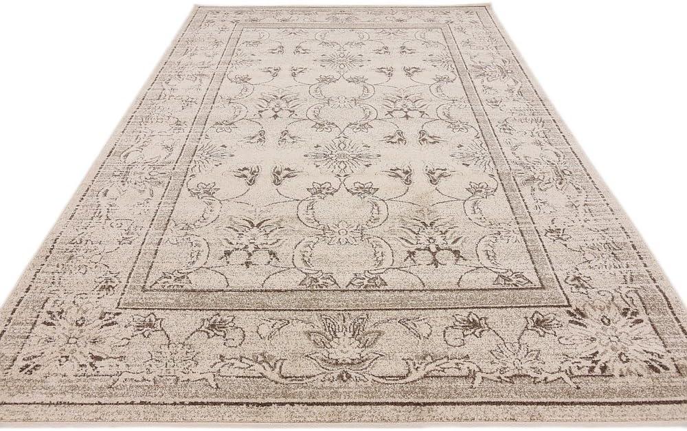 Ivory and Brown Floral Easy-Care Synthetic Area Rug, 6' x 9'