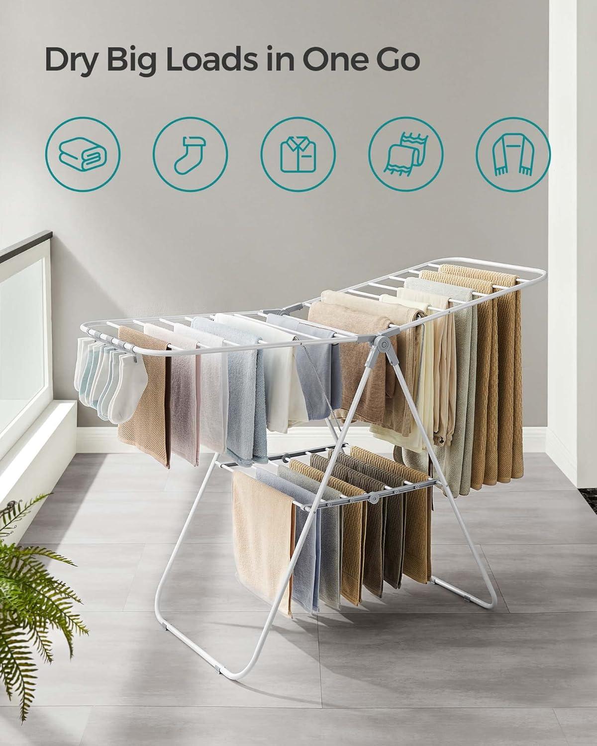 Foldable White and Gray Metal Clothes Drying Rack with Adjustable Wings