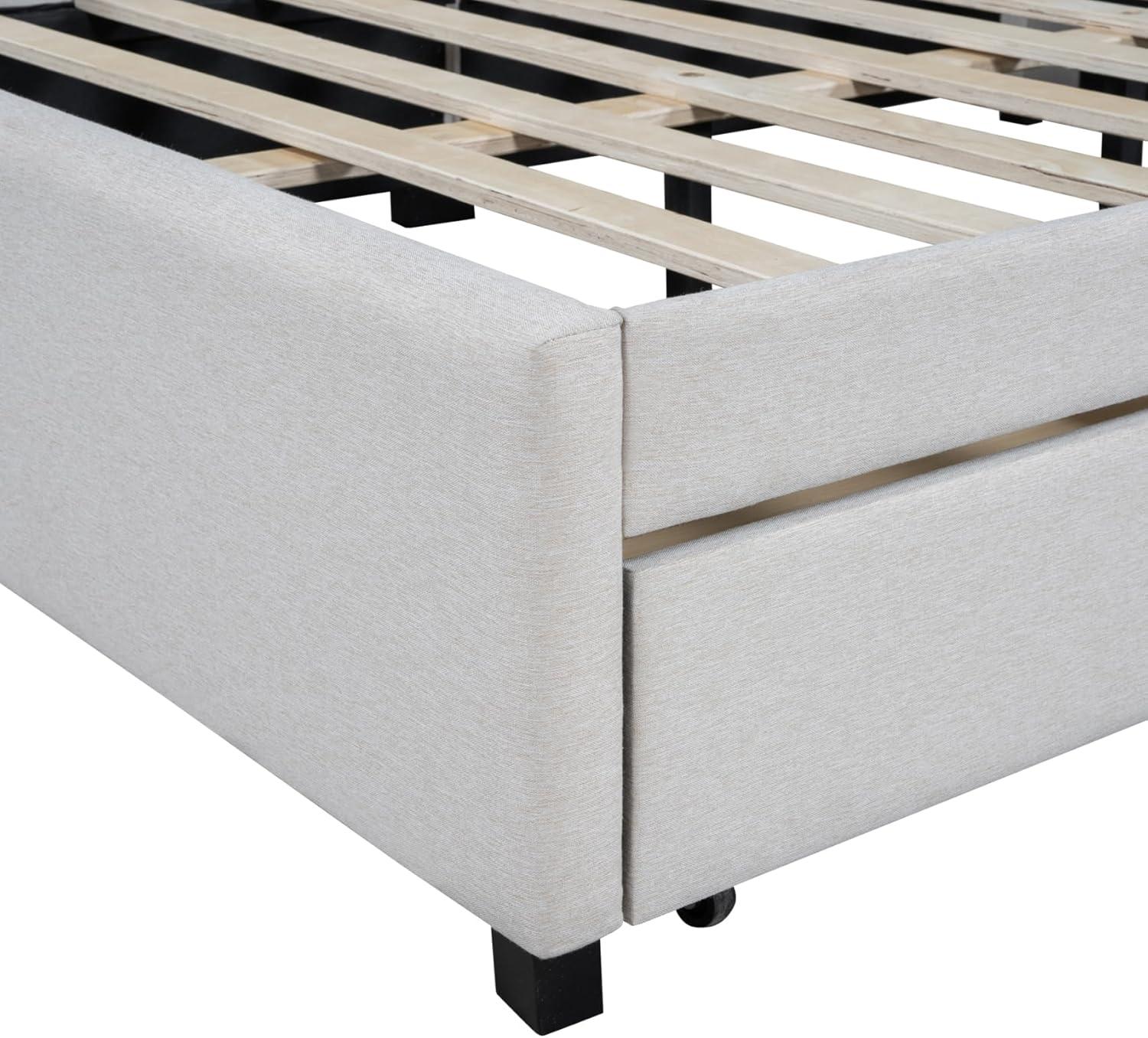 Full Size Daybed with 2 Storage Drawers,L-Shaped Upholstered Linen Fabric Sleeper Sofa Bed Couch,No Box Spring Needed for Kids Girls Adults,Beige