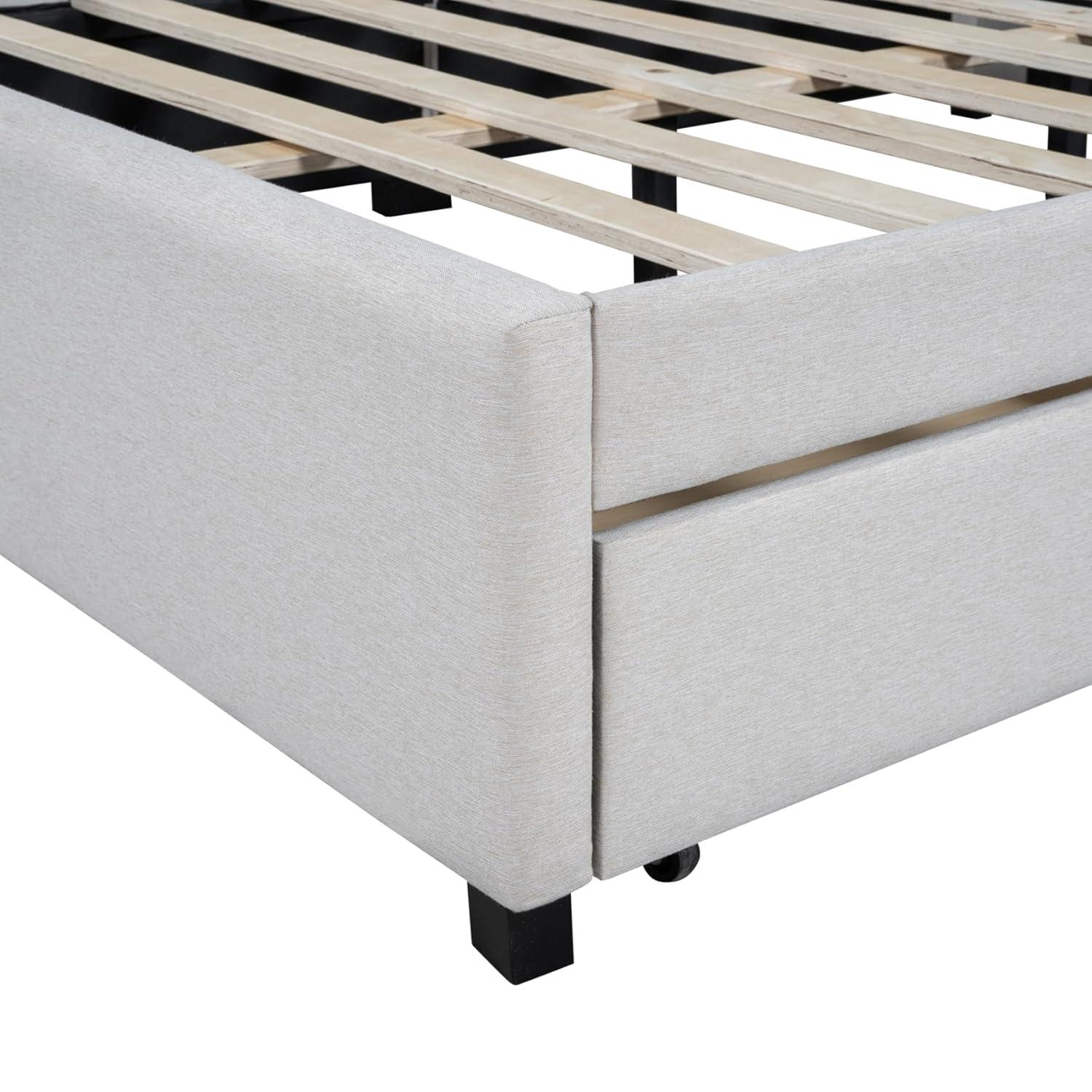 Full Size Daybed with 2 Storage Drawers,L-Shaped Upholstered Linen Fabric Sleeper Sofa Bed Couch,No Box Spring Needed for Kids Girls Adults,Beige