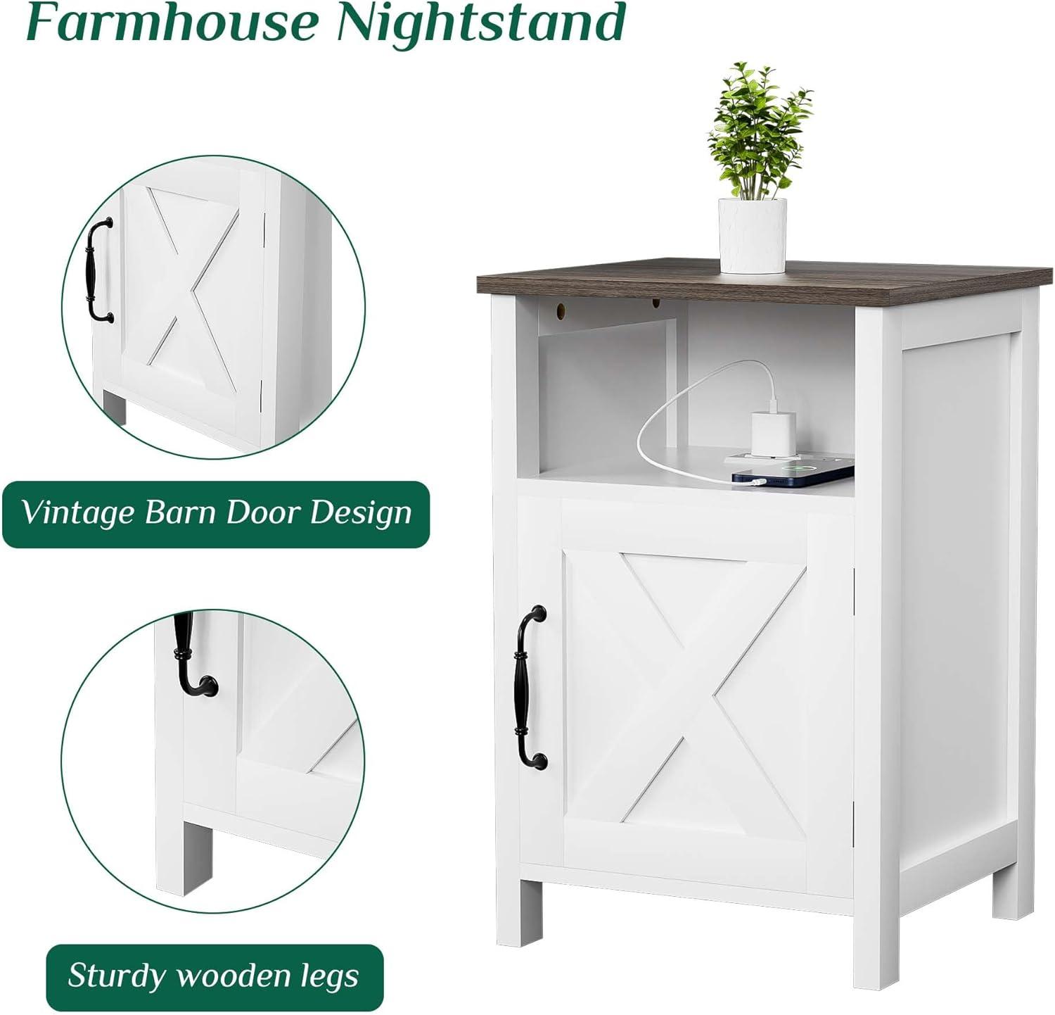 Wood Nightstands with Charging Station End Table Bedside Tables with Barn Door