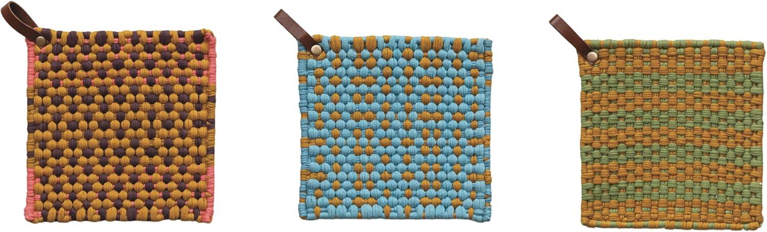 Creative Co-Op Multi-Tone Cotton Crocheted Pot Holder With Leather Loop (Set of 3)