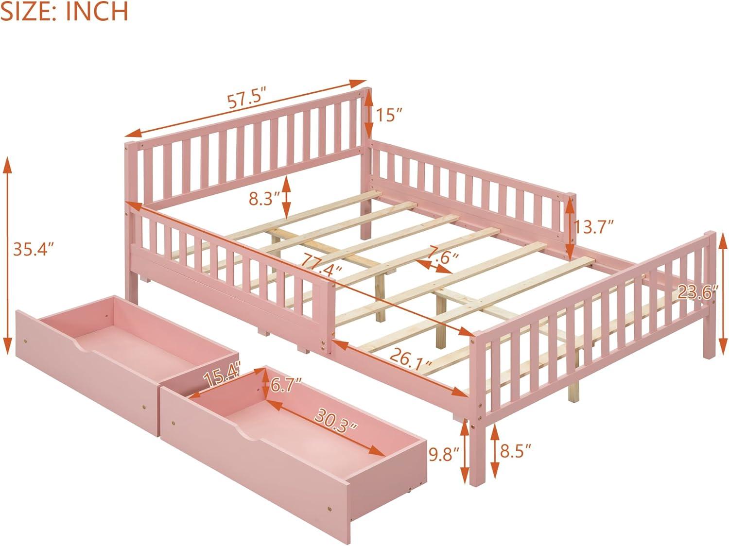 Harper & Bright Designs Full Storage Bed Frame for Kids, Wood Full Size Bed with 2 Drawers, Full Platform Bed with Guardrails on Both Sides for Kids, Girls, Boys, Pink