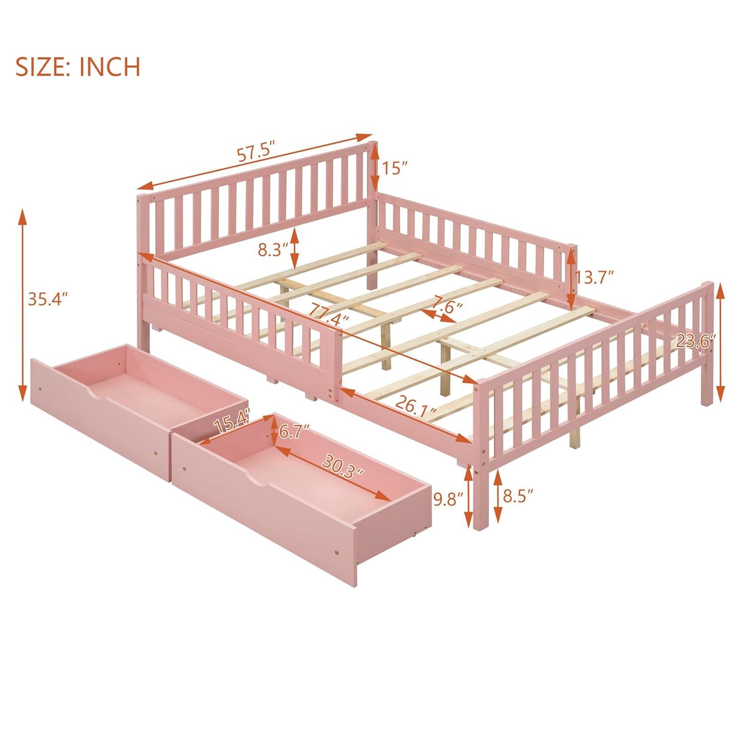Harper & Bright Designs Full Storage Bed Frame for Kids, Wood Full Size Bed with 2 Drawers, Full Platform Bed with Guardrails on Both Sides for Kids, Girls, Boys, Pink