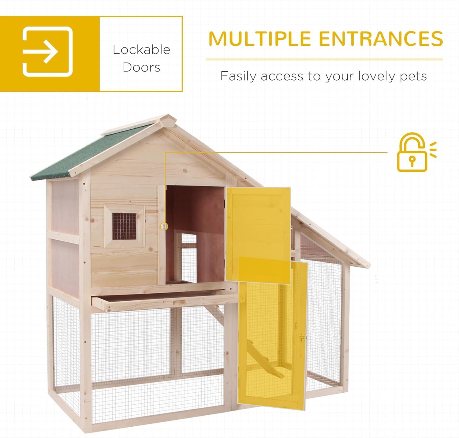 PawHut 55" L 2-Tier Wooden Rabbit Hutch Bunny Cage Small Animal House with Ramp, Waterproof Roof, Removable Tray and Outdoor Run