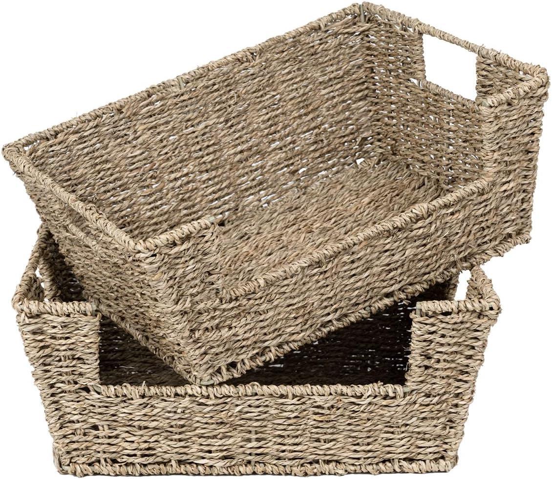 StorageWorks Wicker Storage Basket for Pantry Organizers and Storage, Stackable Seagrass Pantry Baskets for Shelves, 2-Pack