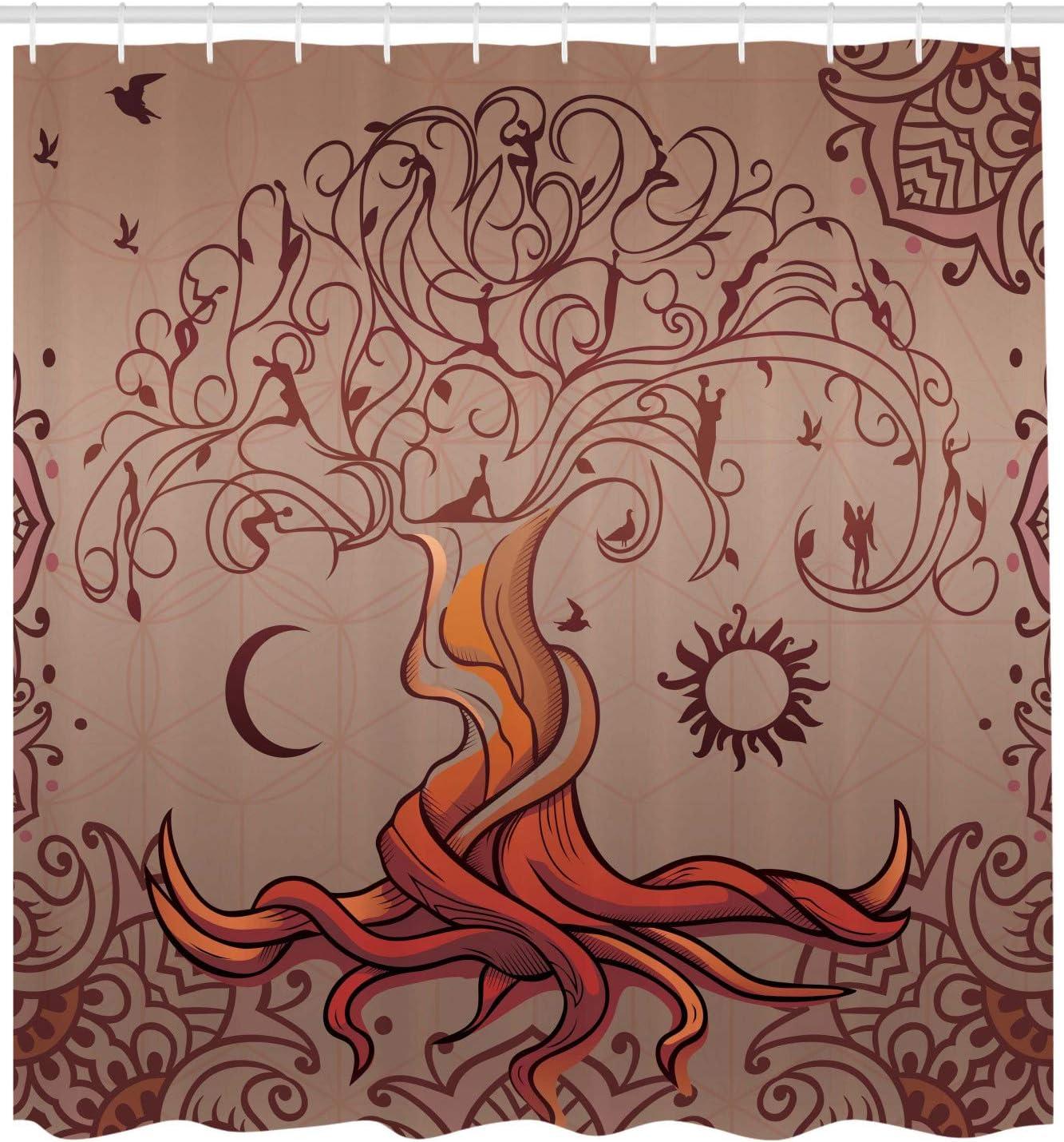 Ethnic Shower Curtain, Vintage Tree of Life with Sun and Moon Elf on Branches Enchanted Universe Image, Fabric Bathroom Set with Hooks, 69W X 70L Inches, Purple, by Ambesonne