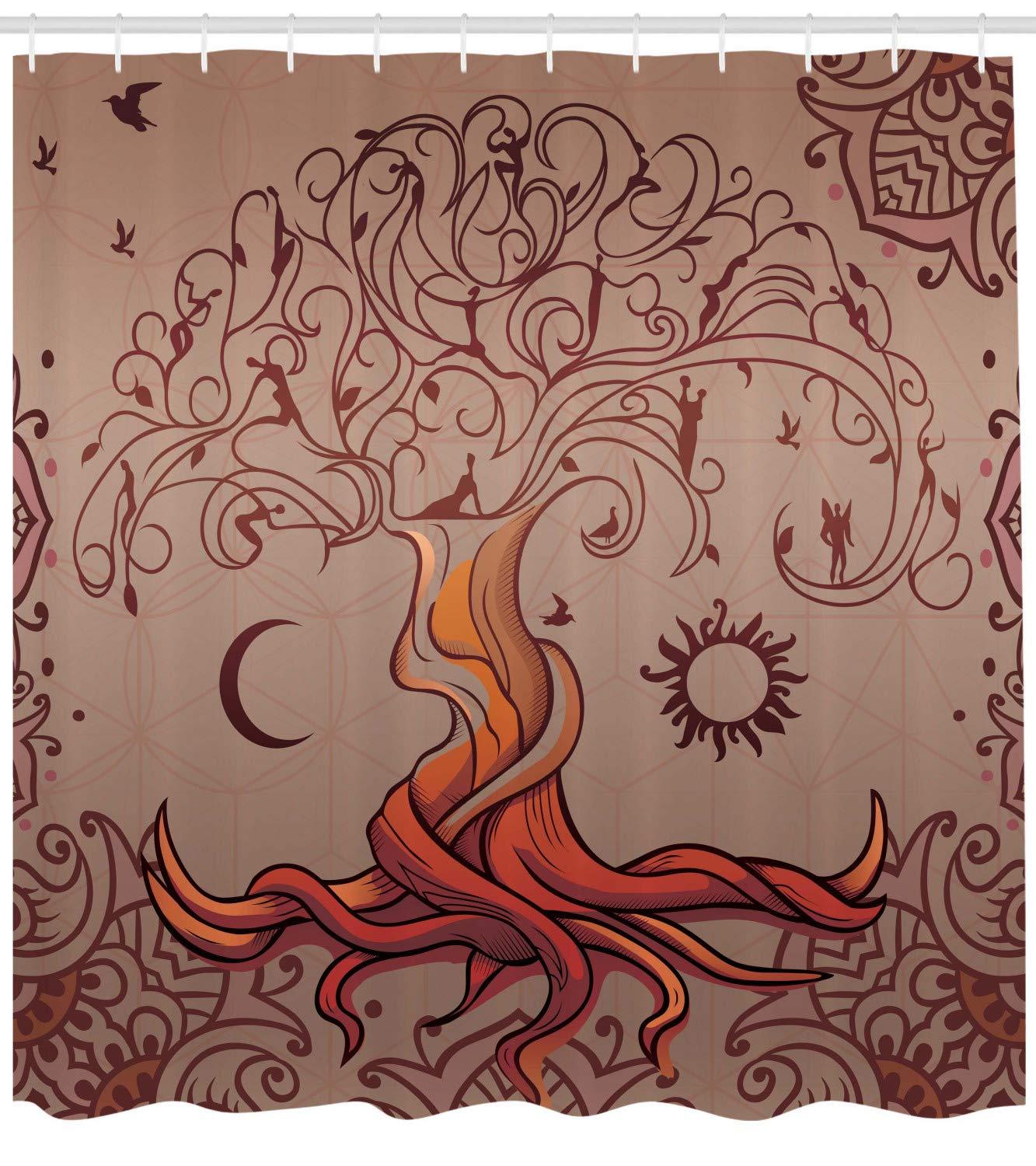 Ethnic Shower Curtain, Vintage Tree of Life with Sun and Moon Elf on Branches Enchanted Universe Image, Fabric Bathroom Set with Hooks, 69W X 70L Inches, Purple, by Ambesonne