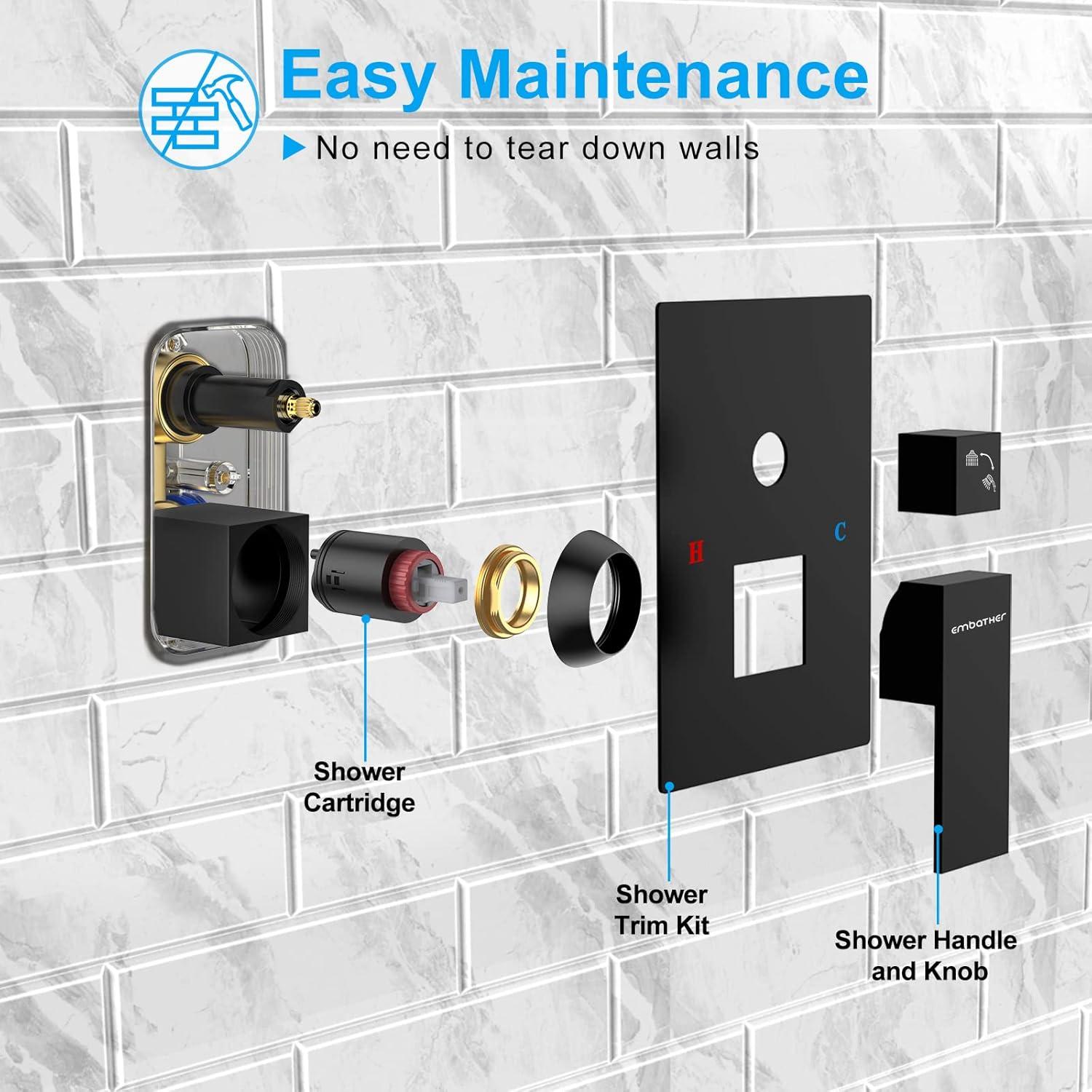EMBATHER Black Shower System 12 Inches Shower Faucet Set with Square Rain Shower Head and Handheld For Bathroom, Matte Black Shower Combo Set Wall Mounted (Rough-in Valve & Trim Included)