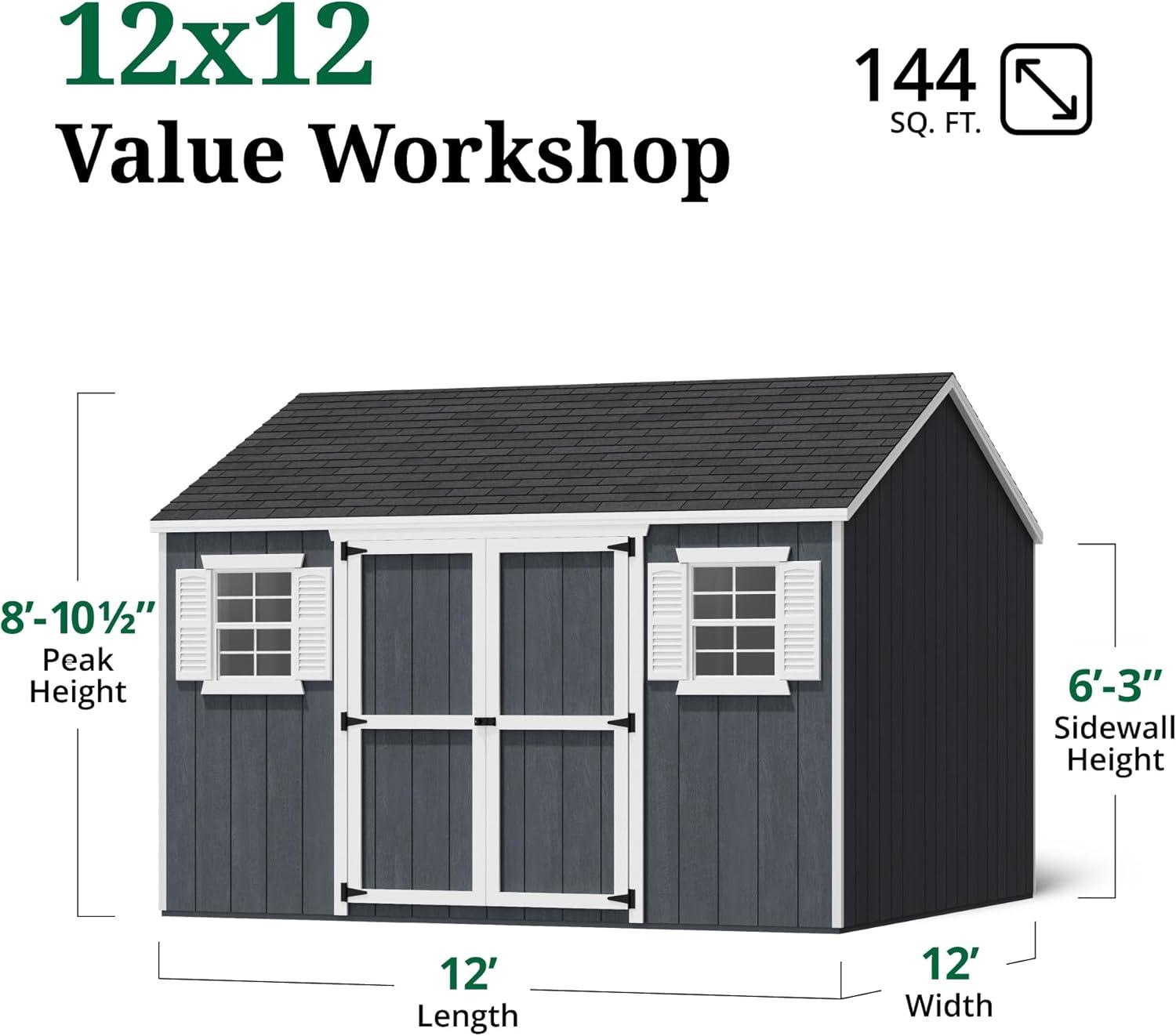 Little Cottage Co. 12x12 Value Workshop Shed with Operable Windows, Outdoor Wood Storage Do-It-Yourself Precut Kit