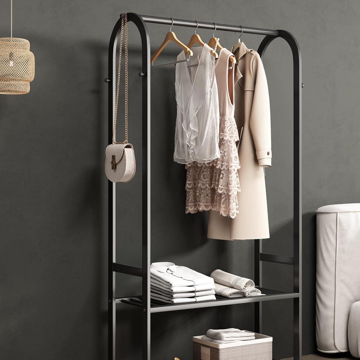 Black Heavy Duty Metal Garment Rack with Shelves and Hooks