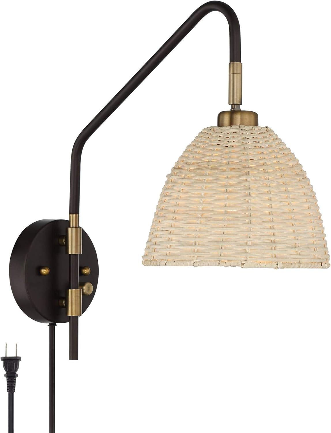 Coastal Swing Arm Adjustable Wall Lamp in Deep Bronze and Brass with Rattan Shade