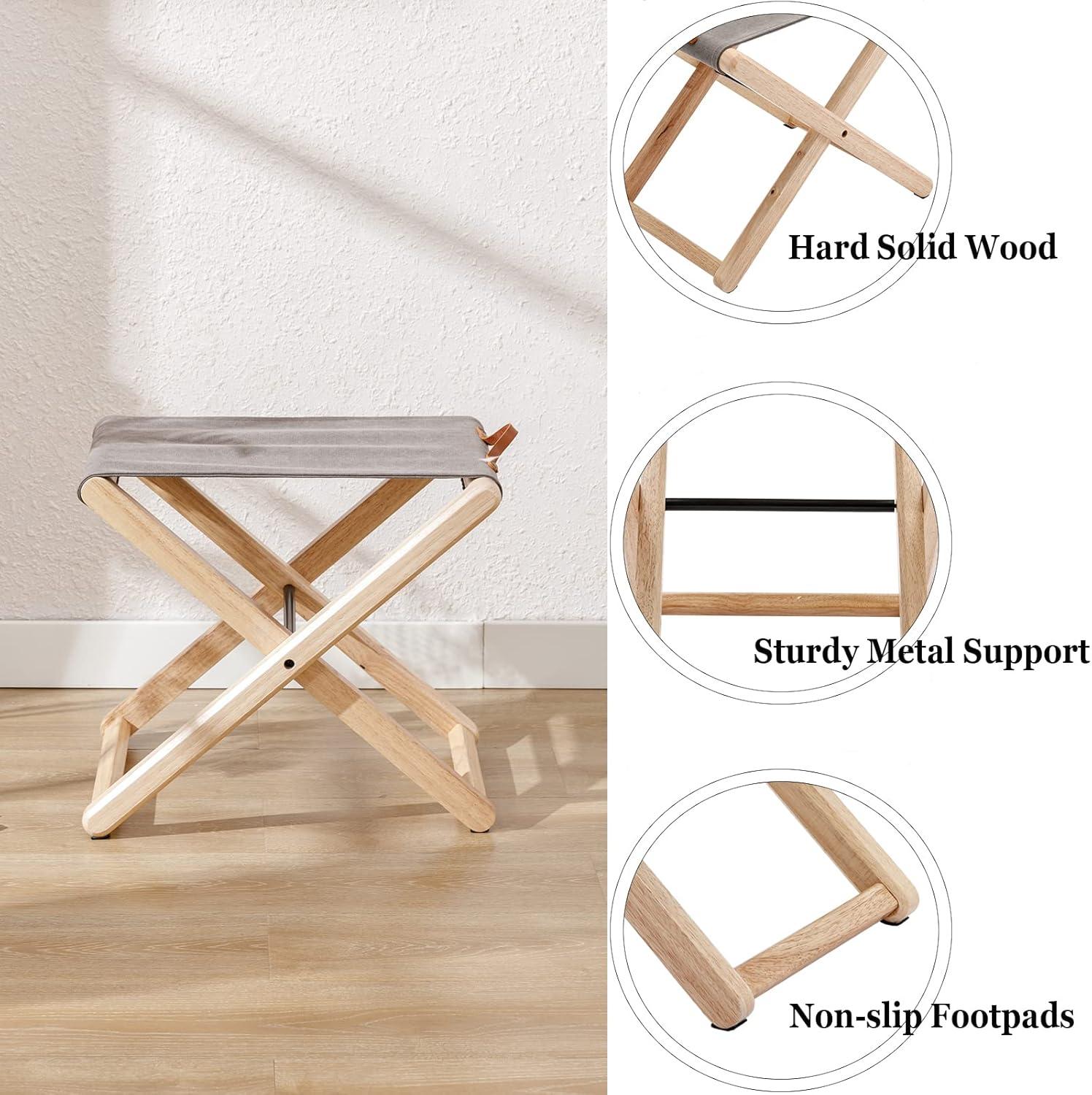 Folding Chairs Patio Stool for Camping Solid Wood Teak and Fabric (Set of 2)