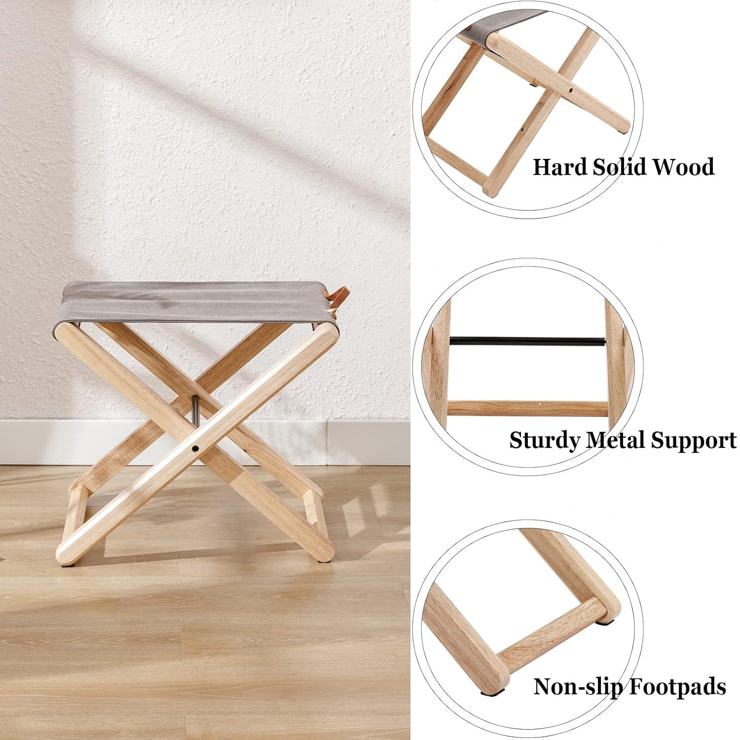 Folding Chairs Patio Stool for Camping Solid Wood Teak and Fabric (Set of 2)