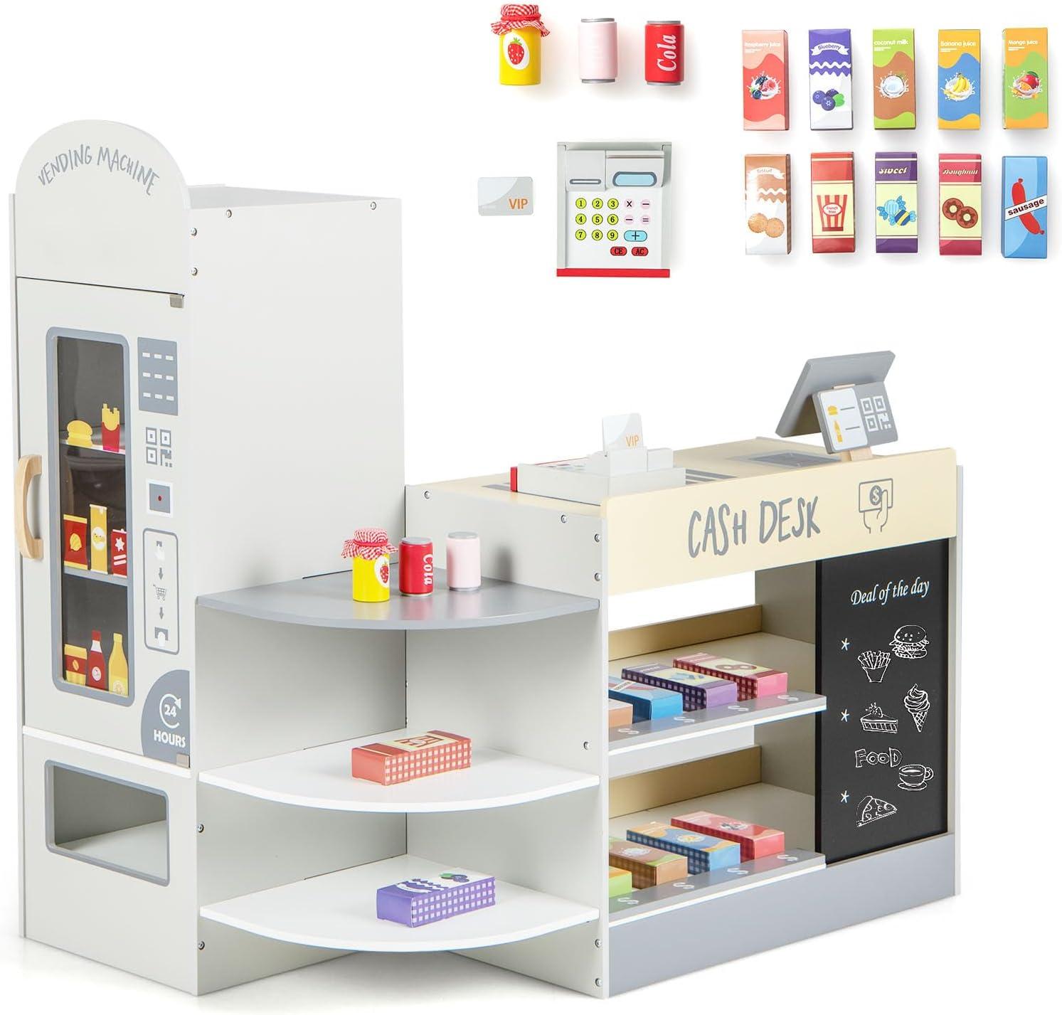 Canddidliike Kids Grocery Store Playset with Cash Register POS Machine, Gifts for Boys and Girls Aged 3-8, Gray, Play Kitchen for Kids, Wooden Kids Play