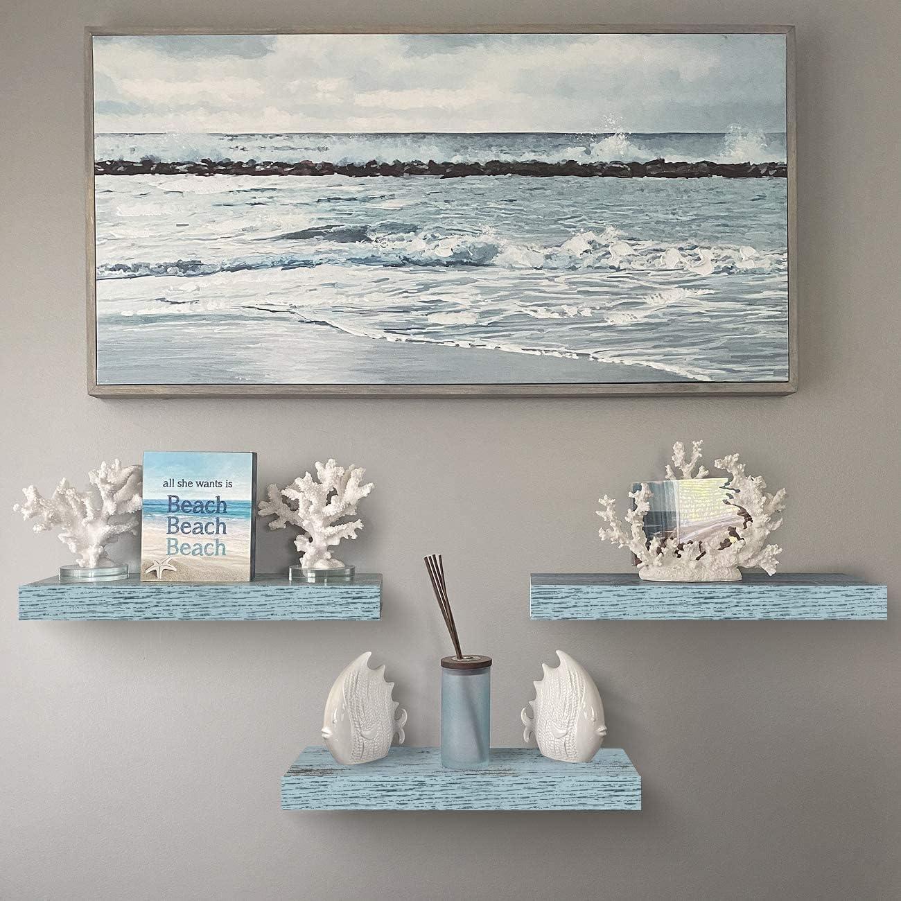 Blue Wood Floating Wall Shelf for Living Room and Bedroom