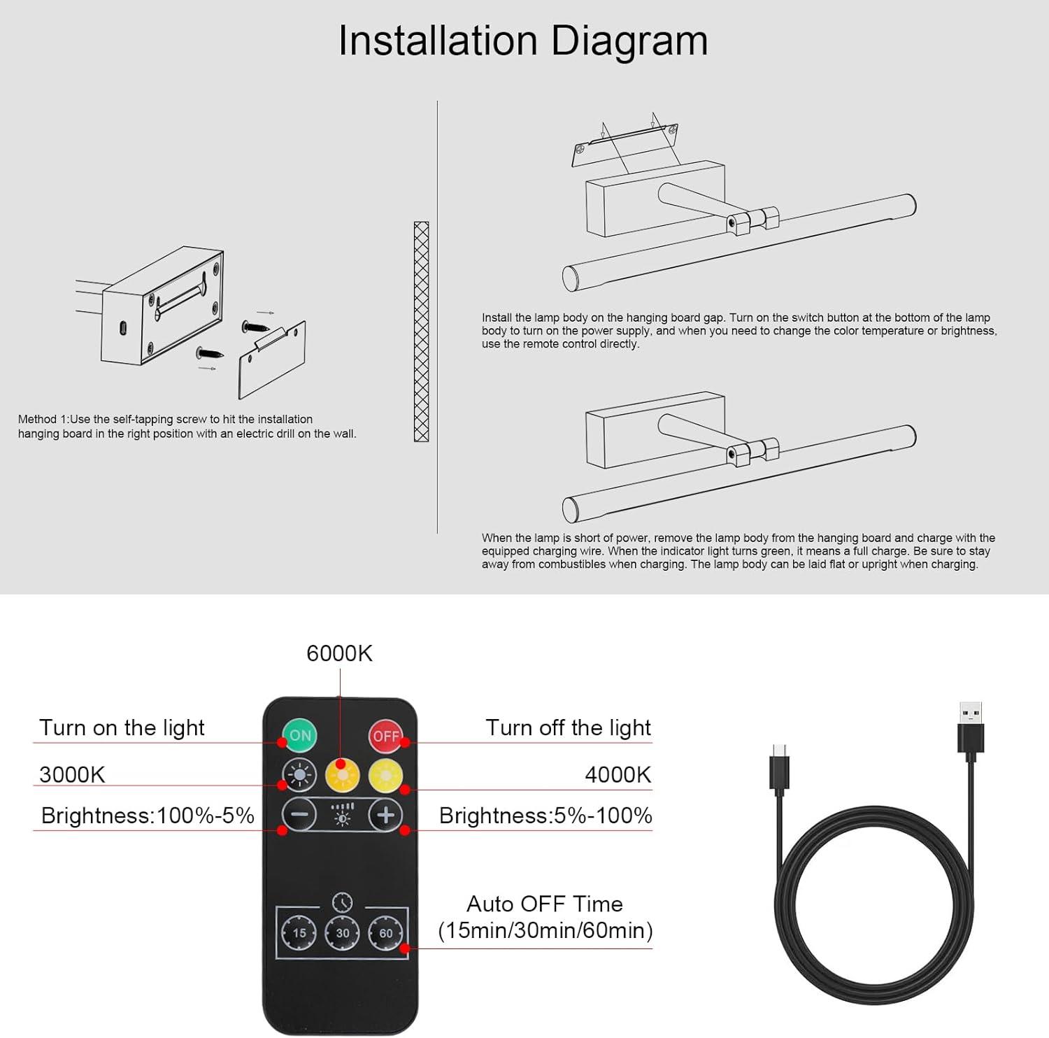 Modern LED Picture Light Dimmable 15.75 "Brass Picture Light lampshade can Rotate up or Down 270 Degrees 3 Color Temperature Display Wall Art Light Battery Powered