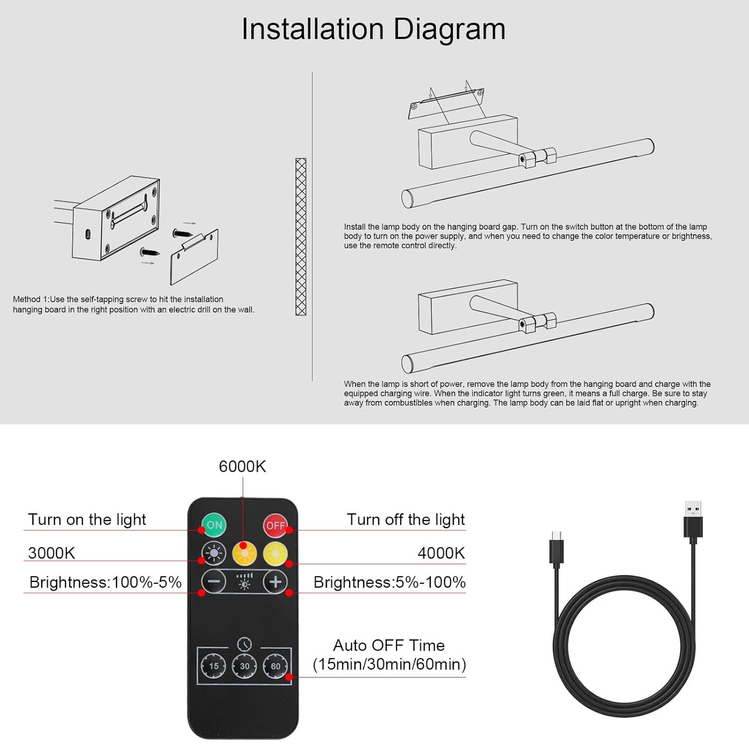 Modern LED Picture Light Dimmable 15.75 "Brass Picture Light lampshade can Rotate up or Down 270 Degrees 3 Color Temperature Display Wall Art Light Battery Powered