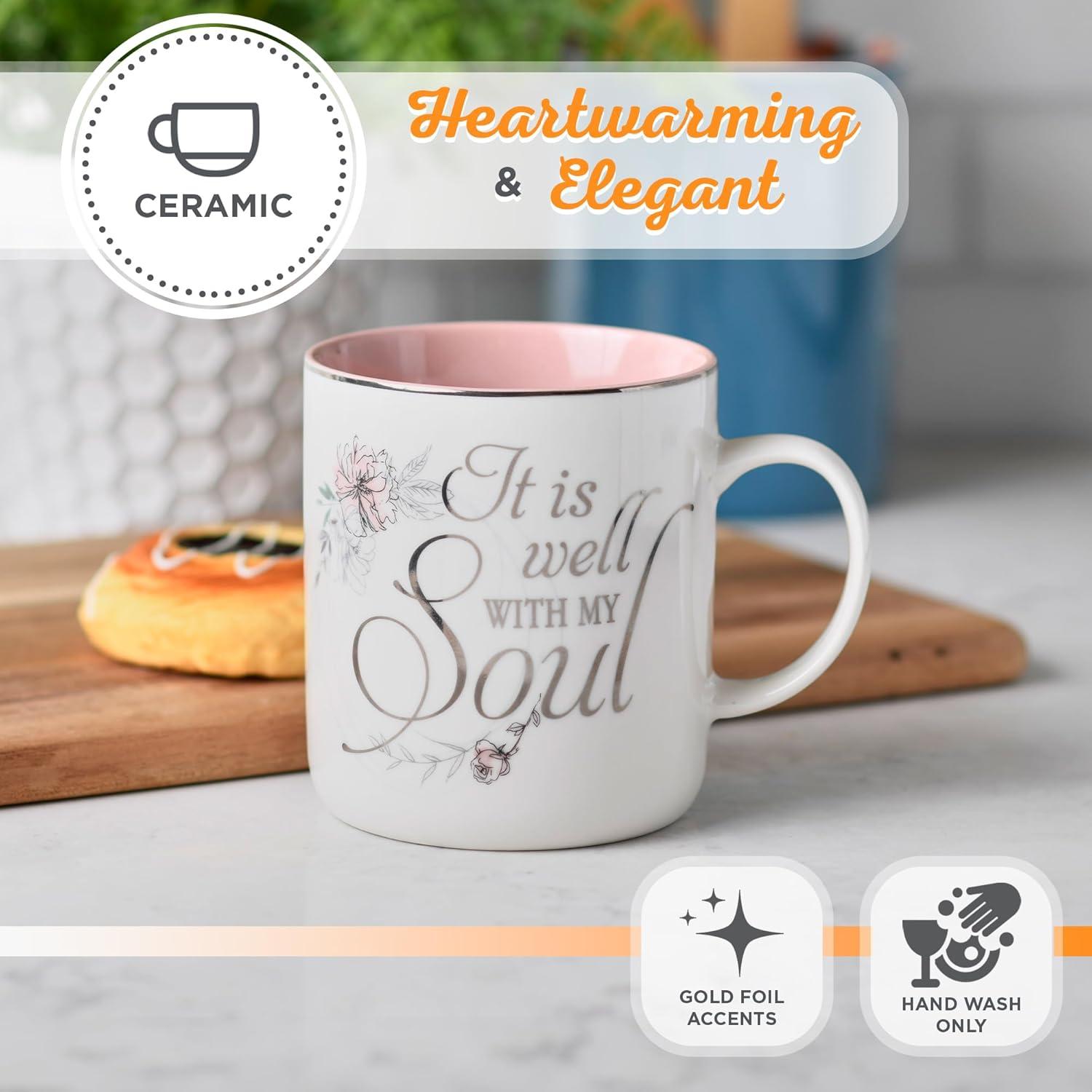 Christian Art Gifts Ceramic Coffee Mug for Women: It is Well with My Soul - Inspirational Song and Hymn, Light Floral Pink and White, 14 oz.