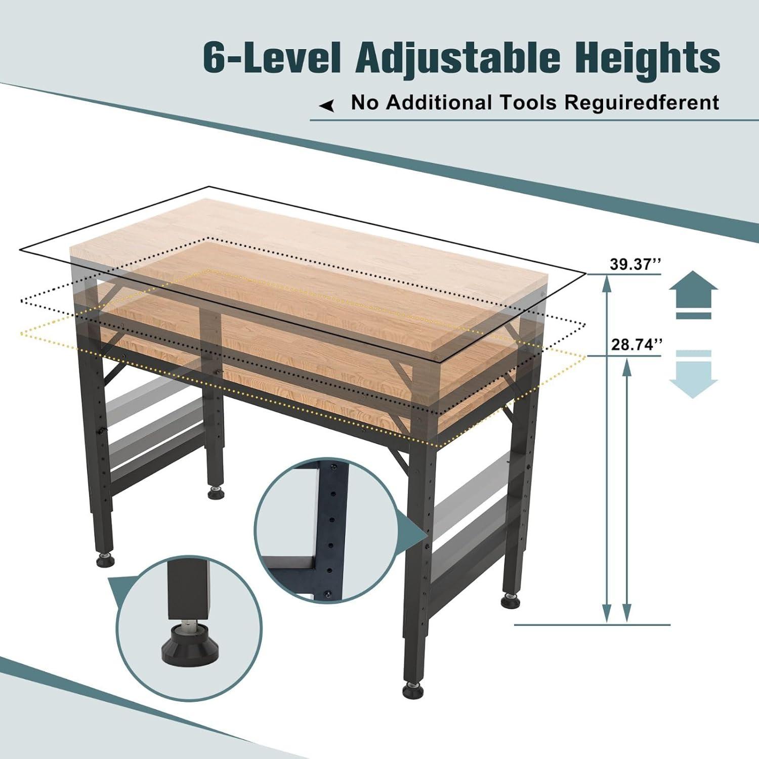 Gzxs Height Adjustable Workbench 48" x 23.62", 2000 LBS Capacity Heavy-Duty Rubber Wood Workstation for Garage Party Shop Office (Black)