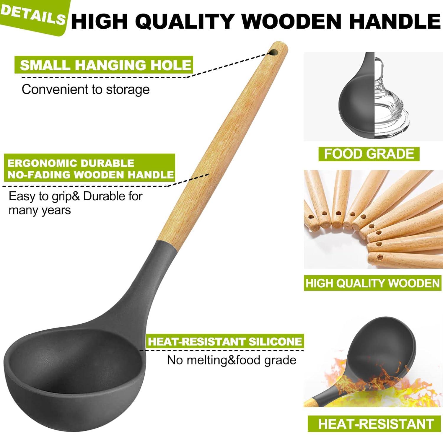 Silicone Kitchen Cooking Utensils Sets with Holder,Nonstick Heat Resistant,Wooden Handle,Black