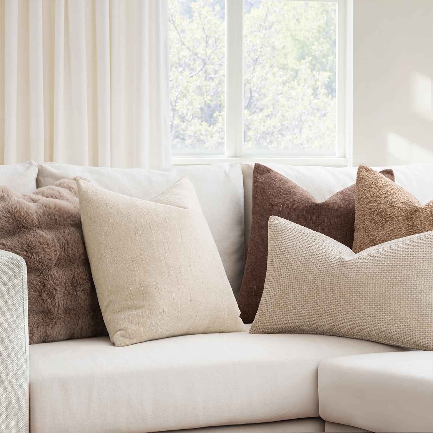 MADIZZ Set of 2 Linen Throw Pillow Covers with Broad Edge Soft Boho Decorative Pillow Cases for Sofa Bedroom Modern Pillow Shell 18x18 Inch Beige