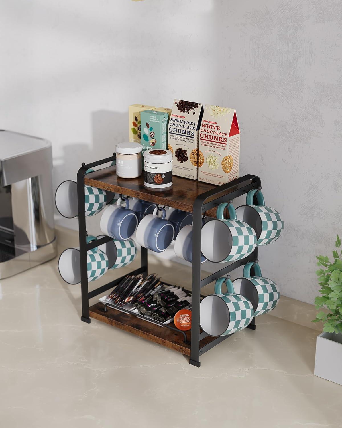 17 Stories Coffee Bar Organizer With 14 Mug Hooks, Wood Coffee Mug Holder Stand For Countertop, 2 Tier Coffee Station Organizer For Coffee Cups, Mugs, Syrups, Accessories