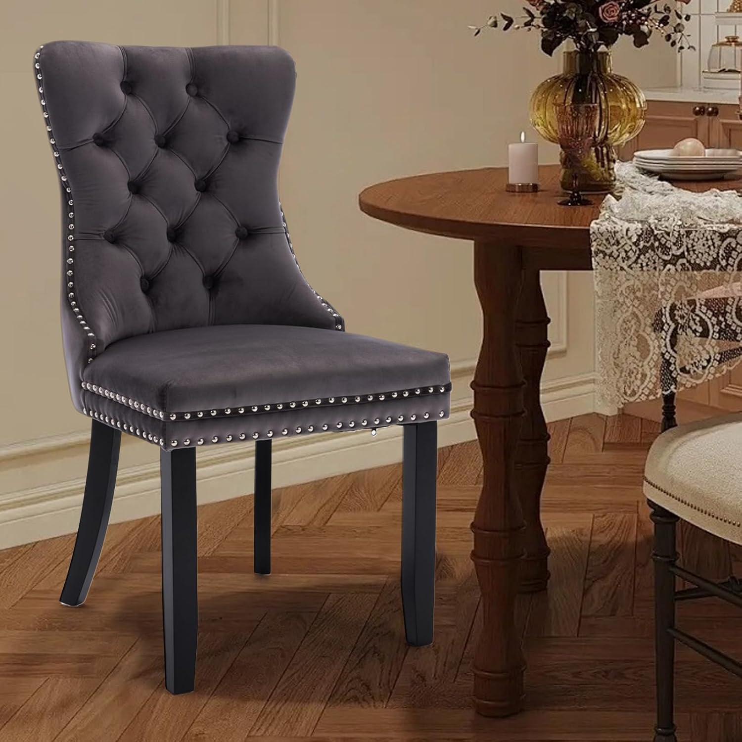 ODUSE-DAILY Grey Velvet Dining Chairs Set of 4, Kitchen & Dining Room Chairs, Tufted Dining Chairs, Fabric Upholstered, Solid Wood, Sillas De Comedor (Gray, 4 Pcs)