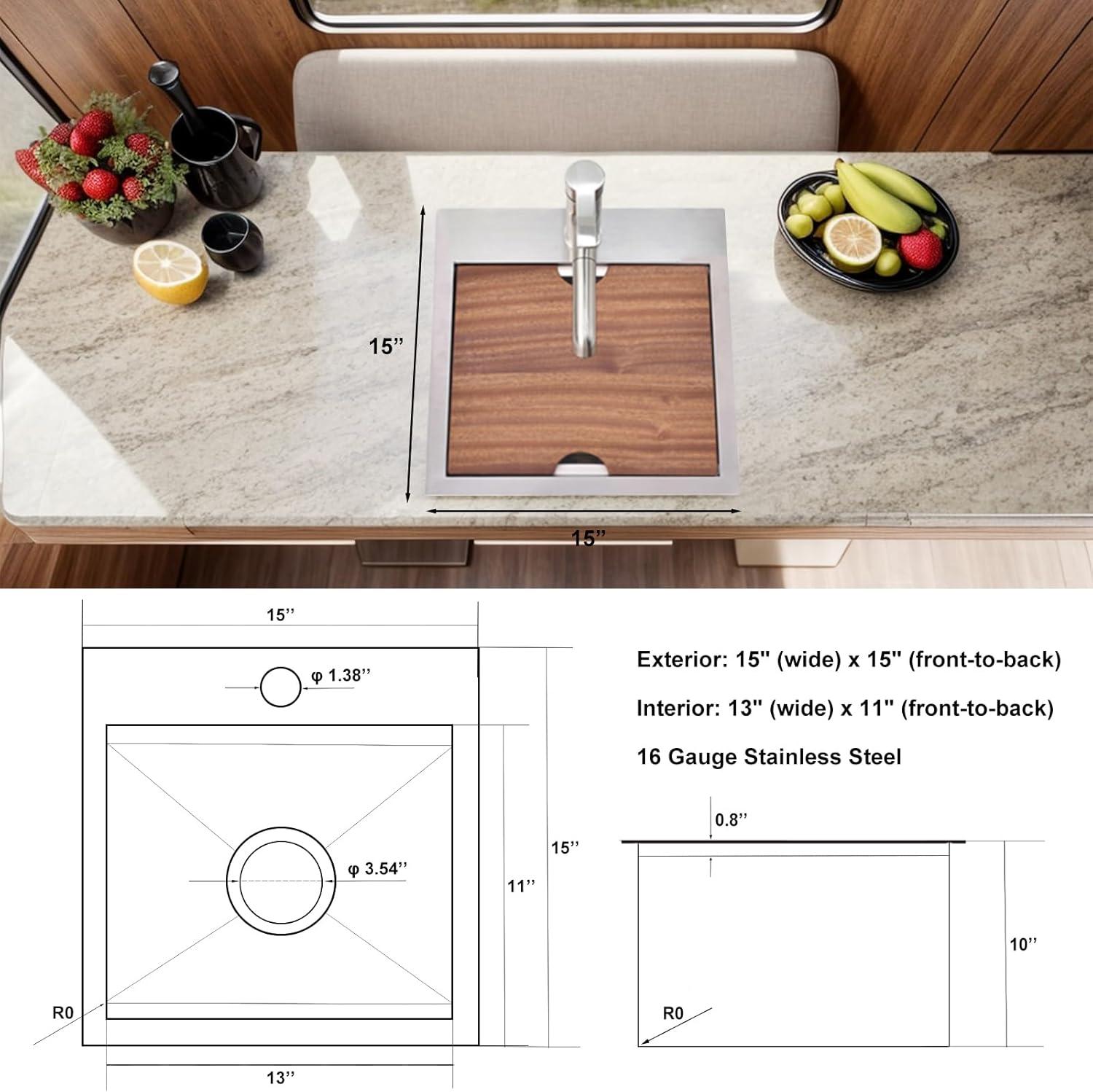 15-Inch Brushed Stainless Steel Square Bar Sink with Accessories