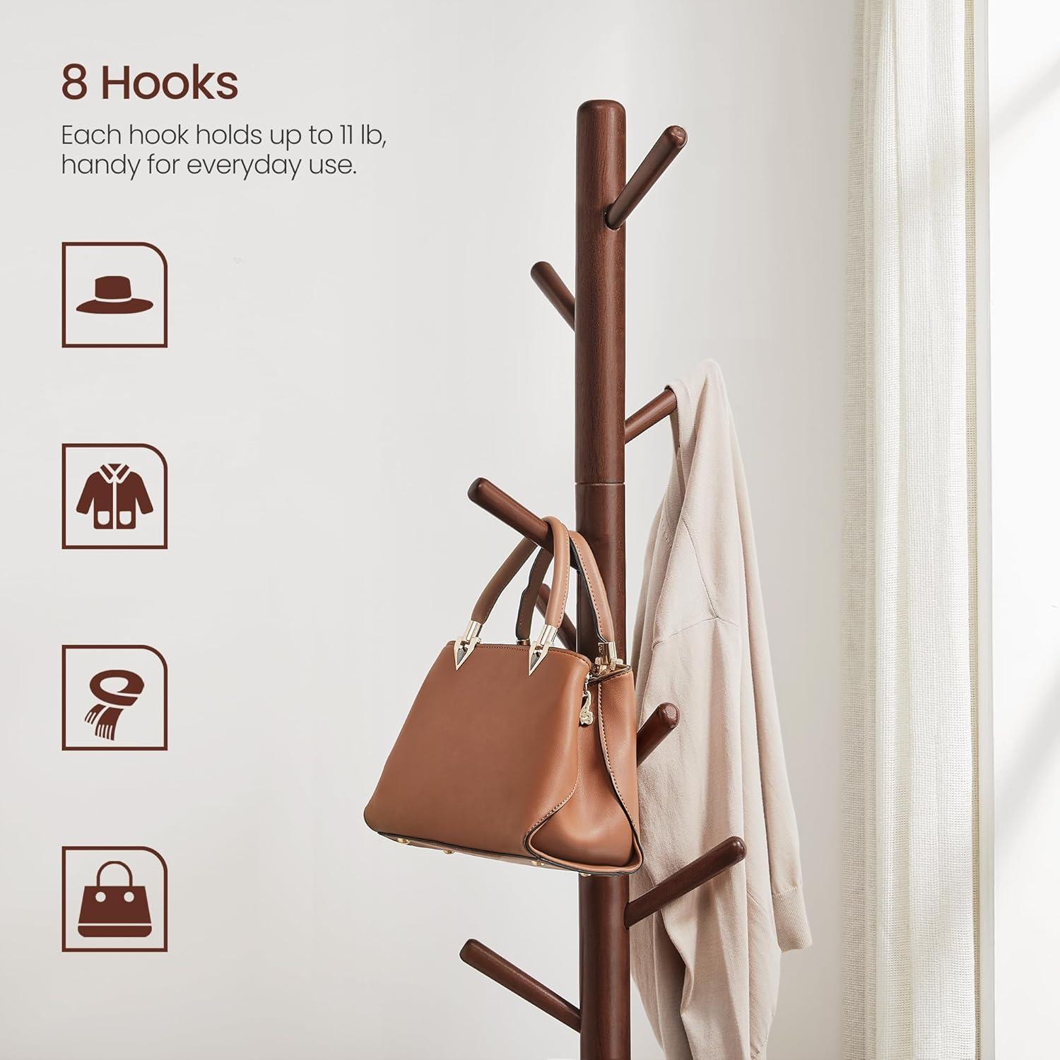 VASAGLE 8 Hooks Coat Rack Solid Wood Free Standing Coat Rack with Tree-Shaped Coat Rack 3 Height Options for Clothes Hats Bags for Living Room Bedroom Home Office Dark Walnut