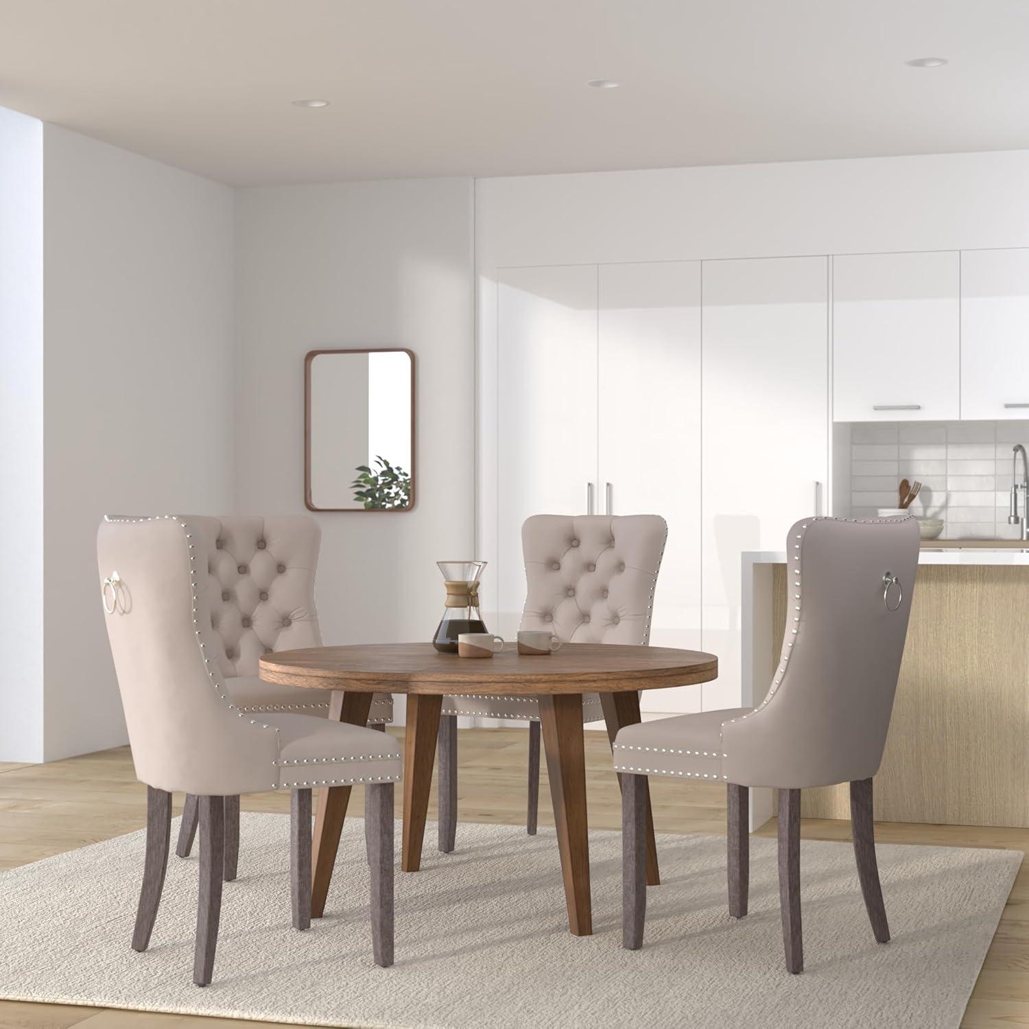 BELLEZE Upholstered Dining Chairs Set of 2, Velvet Luxury Dining Room Chairs with Button Back, Nailhead Trim, Pull-ring, Solid Wood Legs for Kitchen, Living Room, Restaurant - Chandler (Beige)