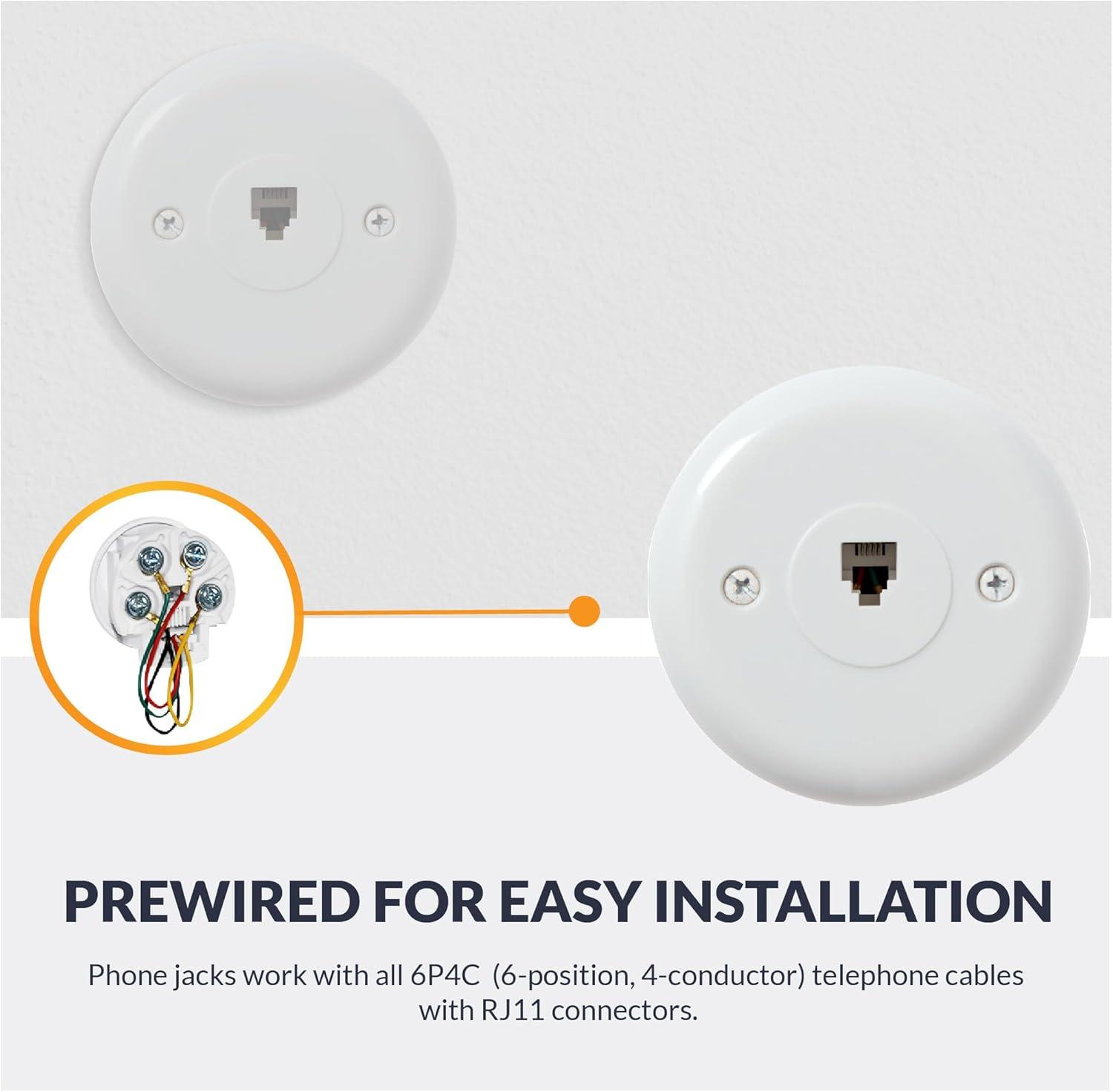 Newhouse Hardware 1-Port Round Telephone Jack Wall Plate, 6P4C, for RJ11 telephone cables, Single Gang, 5-Pack, White